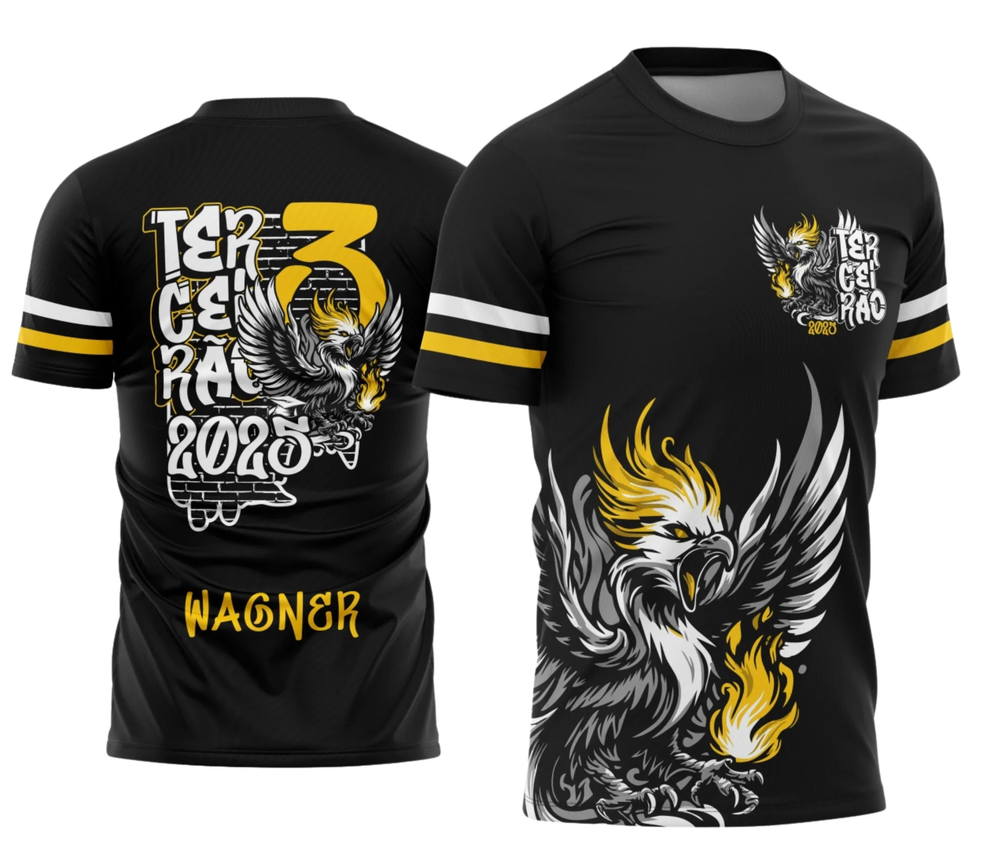 Camiseta unissex preta com logo no peito e estampa grande nas costas com tema Fênix Urbana Terceirão, ideal para estudantes celebrando o último ano escolar