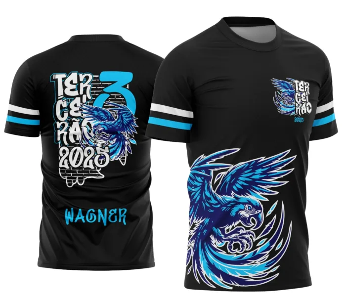 Camiseta unissex preta com logo no peito e estampa grande nas costas de Graffite Arara Azul para camisa Terceirão, estilo moderno e vibrante, perfeita para jovens.