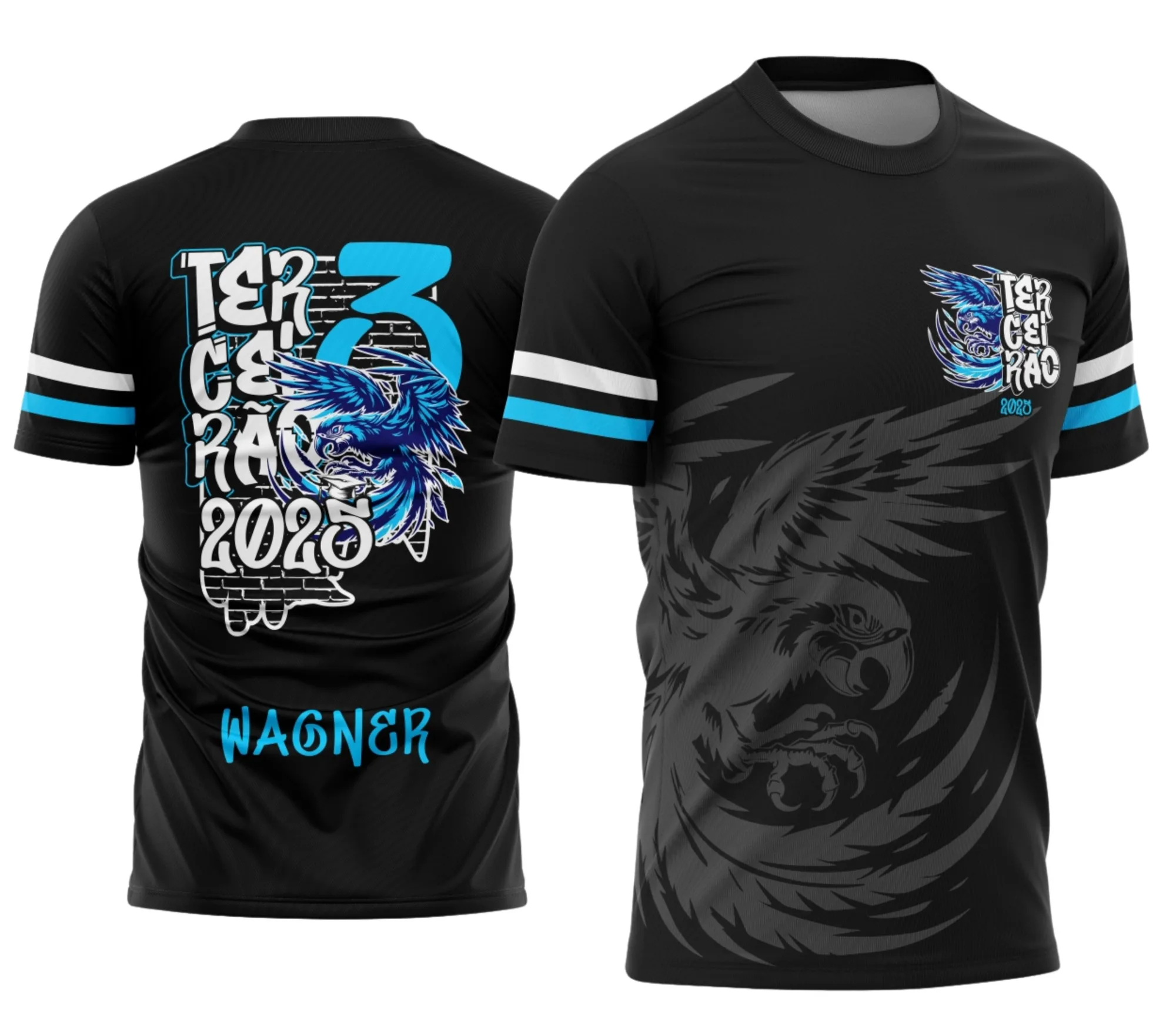 Foto de camiseta unissex preta com logo no peito e estampa grande nas costas, tema Terceirão Graffite Arara Azul, ideal para quem quer estilo e identidade escolar marcante.