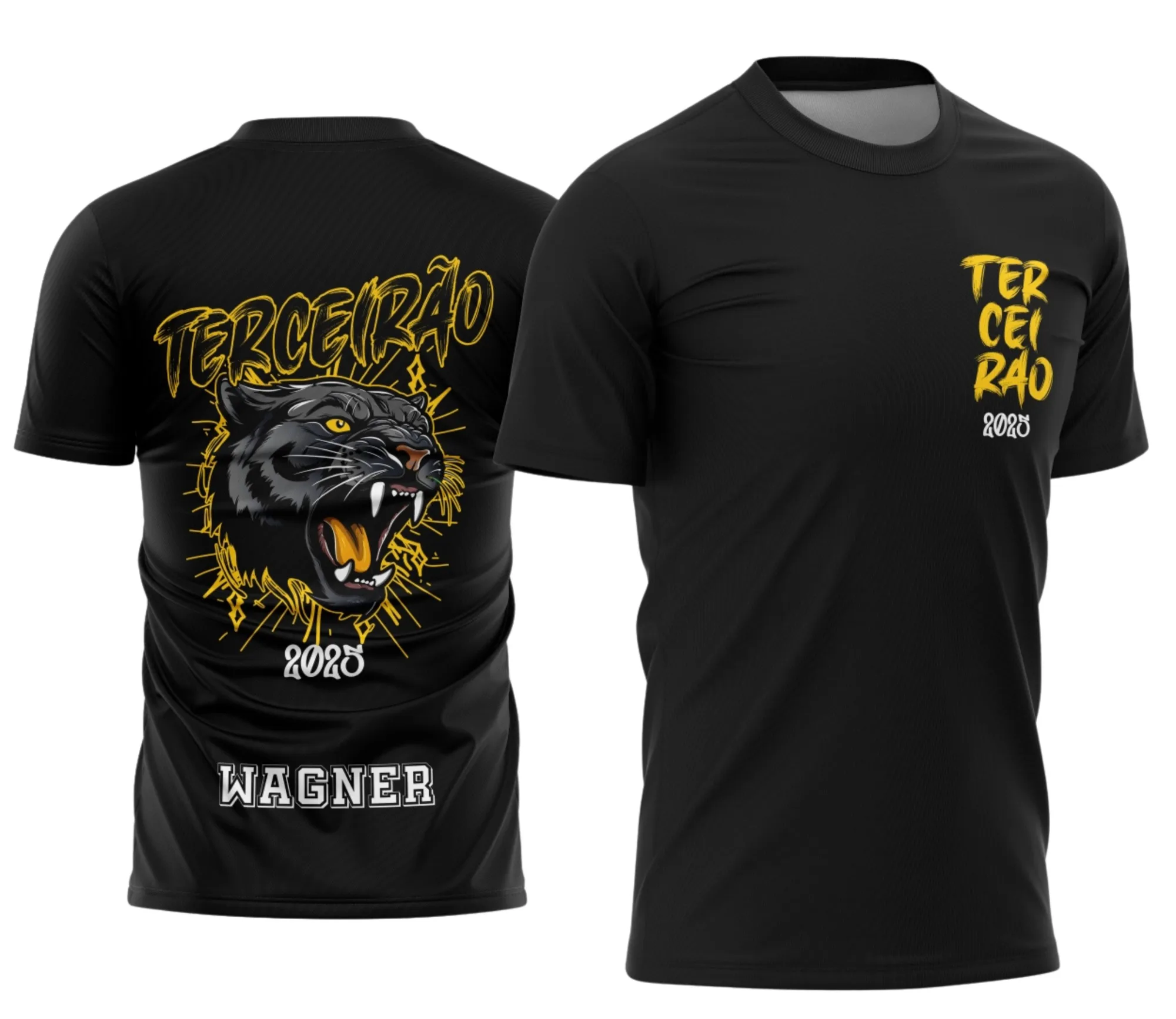 Camiseta preta unissex com logo no peito e estampa grande nas costas com o tema Camisa Terceirão Pantera Negra modelo 3, ideal para quem quer estilo e identidade na turma.