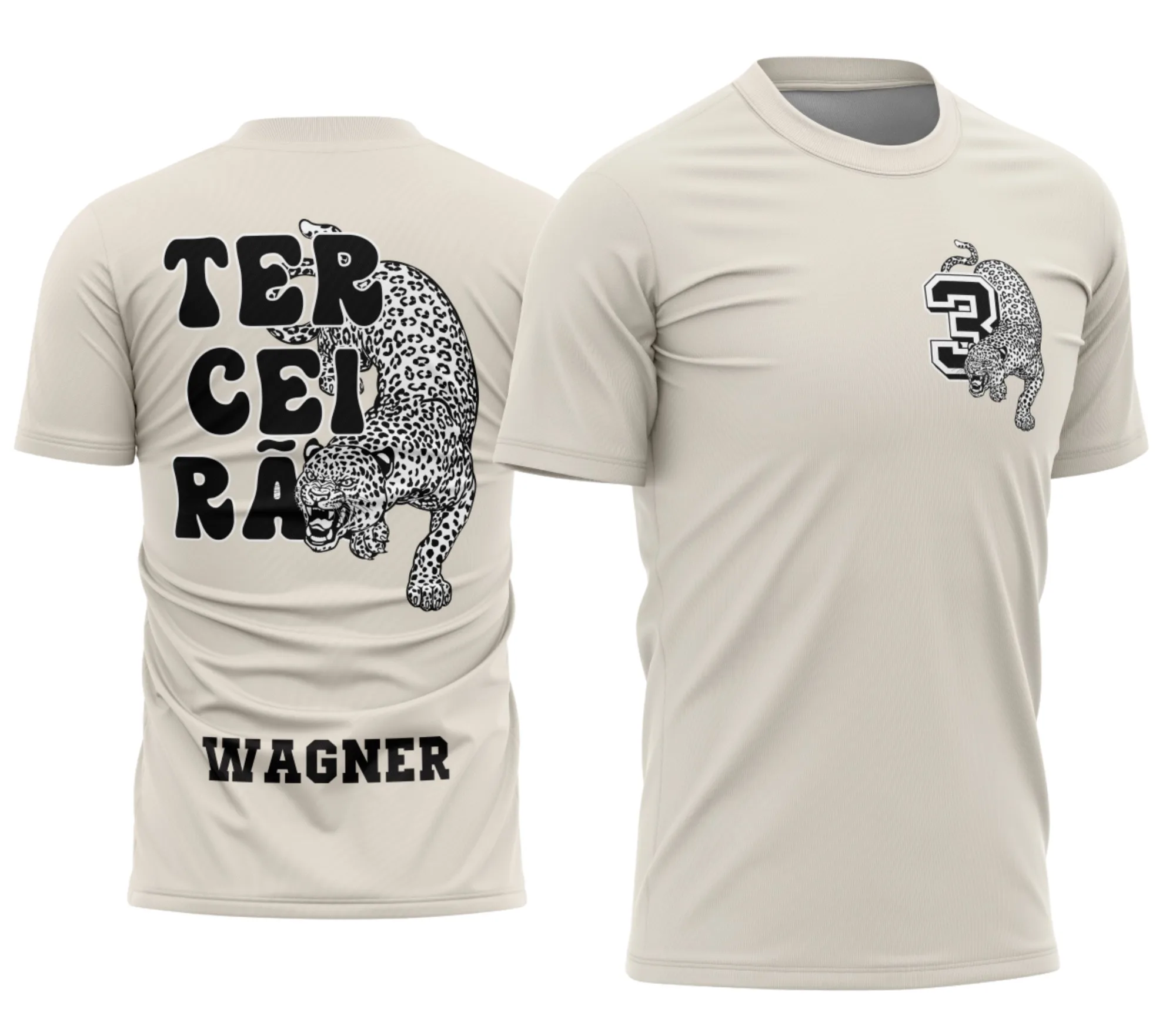 Camiseta unissex preta com logo no peito e estampa grande nas costas com tema Terceirão Onça Pintada, estilo moderno e impactante, perfeita para estudantes e fãs do terceiro ano.