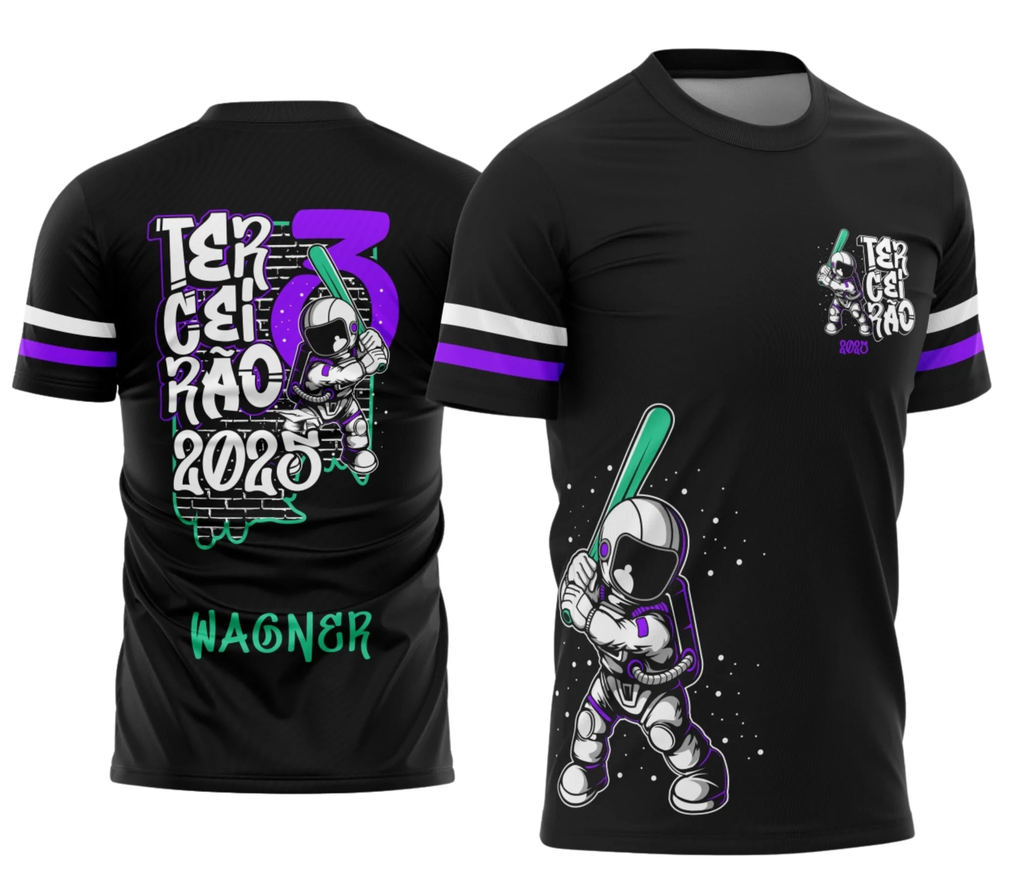 Foto de camiseta unissex preta com logo no peito e estampa grande nas costas com tema de Terceirão Astronauta Espacial, ideal para jovens estudantes e eventos escolares.