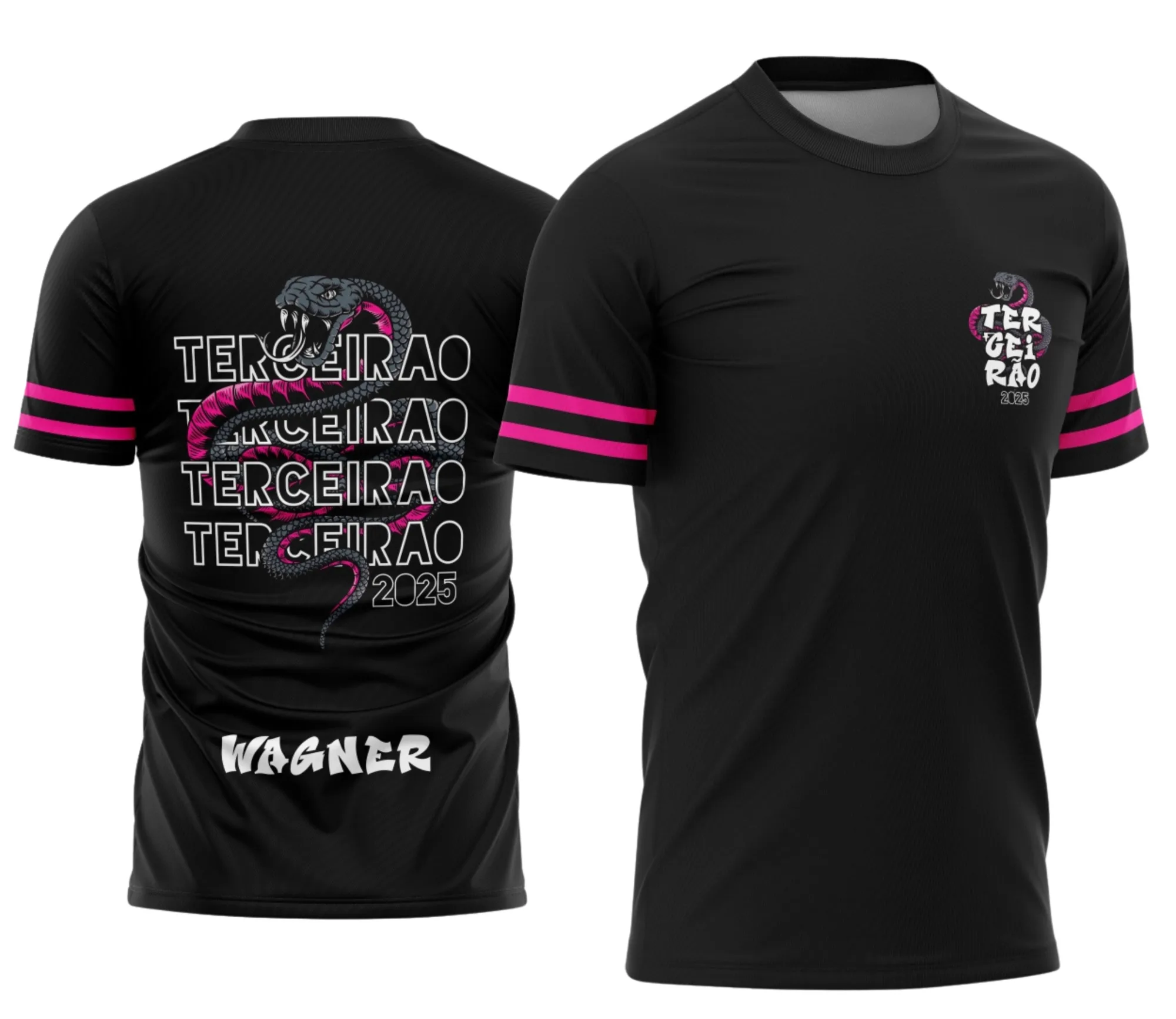 Camiseta unissex preta com logo no peito e estampa grande nas costas com tema Terceirão Cobra Exclusiva, perfeita para formandos, estilo moderno e marcante.