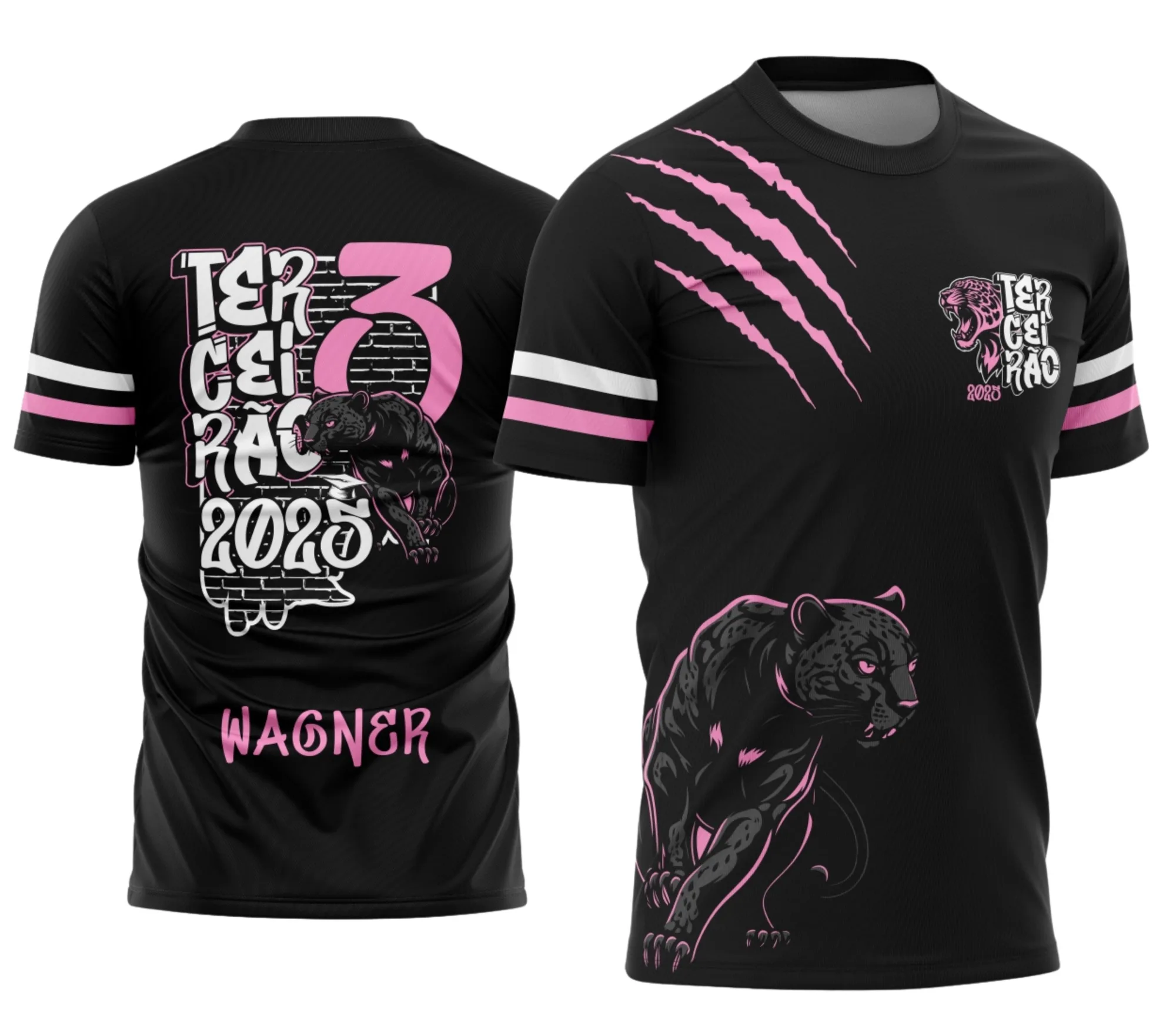 Camiseta unissex preta com logo no peito e estampa grande nas costas com tema Terceirão Pantera Negra, perfeita para estudantes que querem mostrar orgulho e espírito de turma.