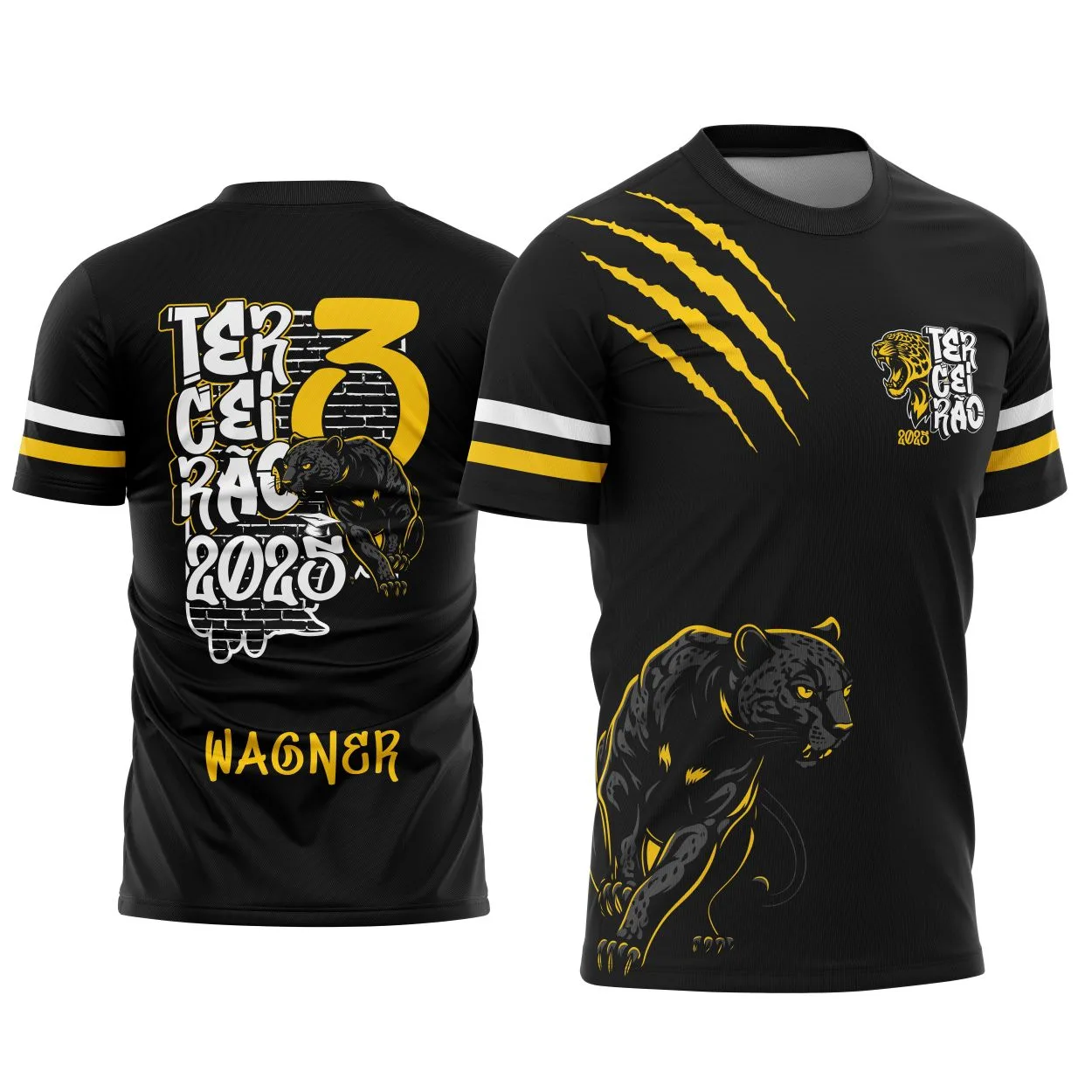 Camiseta unissex preta com logo no peito e estampa grande nas costas mostrando uma Pantera Negra impactante, ideal para Terceirão, perfeita para quem busca estilo e personalidade.