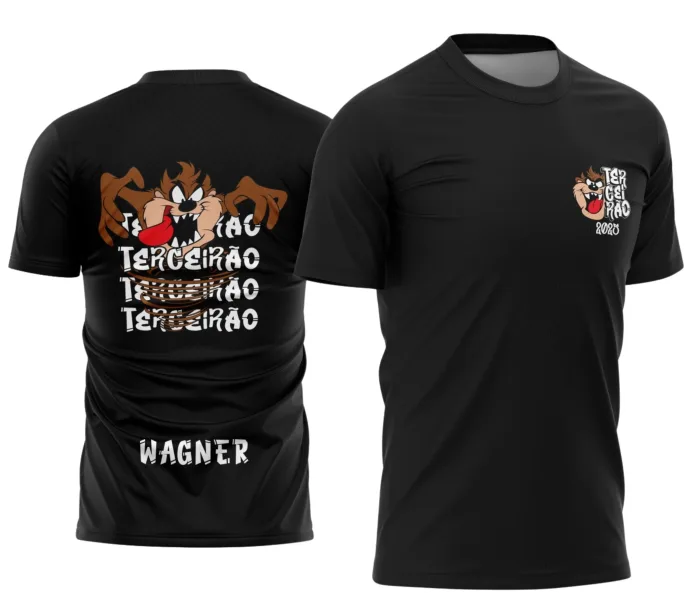 Camiseta unissex preta com logo no peito e estampa grande nas costas, tema Terceirão Street Style Taz Mania, visual moderno e casual.