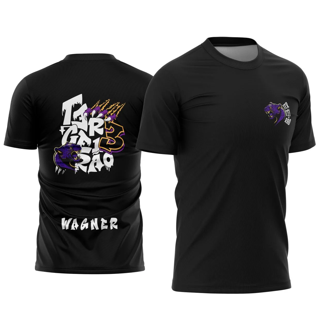 Camiseta unissex preta com logo no peito e estampa grande nas costas com Pantera Negra Impactante, ideal para terceira série e formatura.