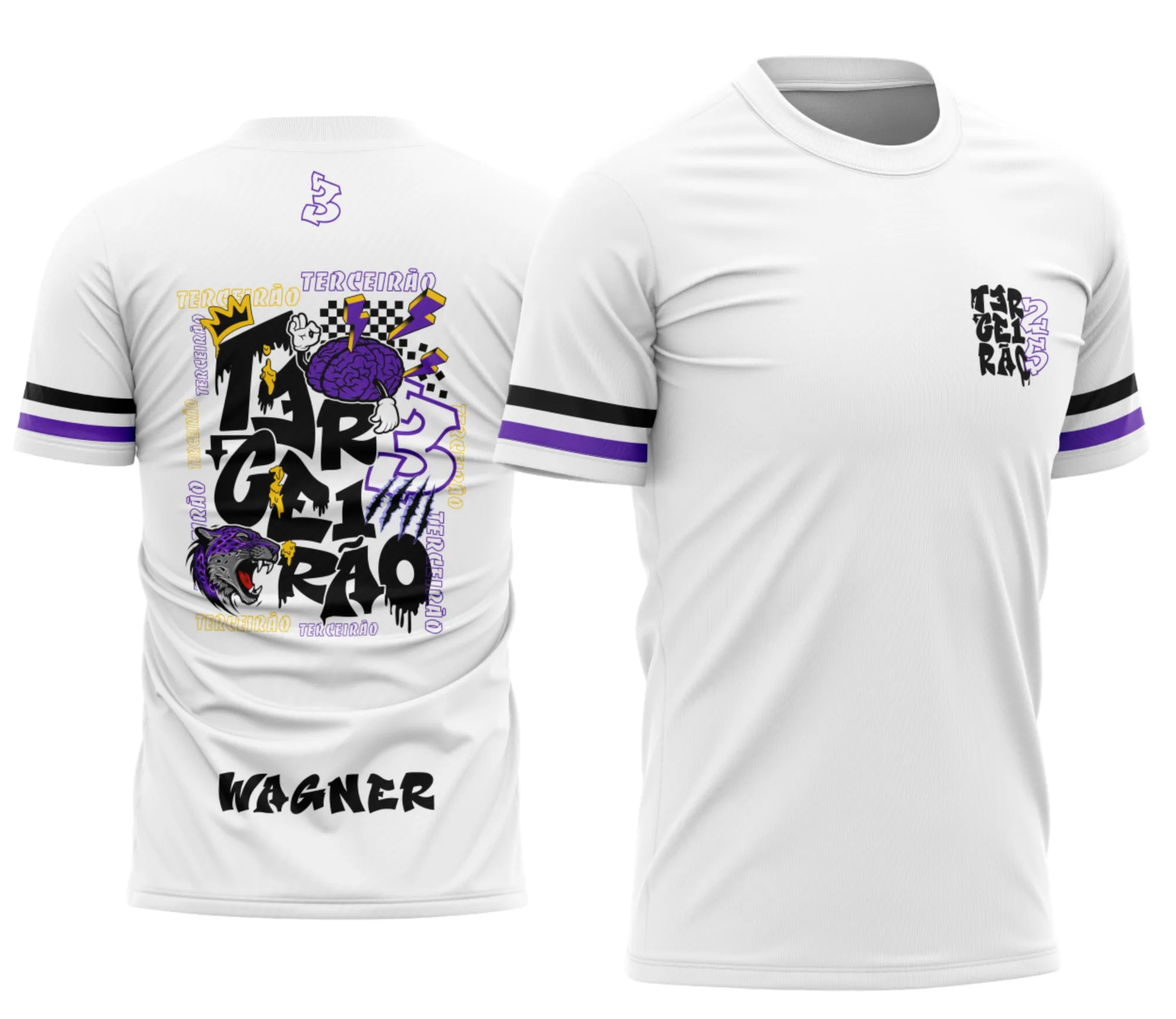 Camiseta unissex preta com logo no peito e estampa grande nas costas em estilo Pantera com grafite urbano, perfeita para o Terceirão e fãs de grafite.