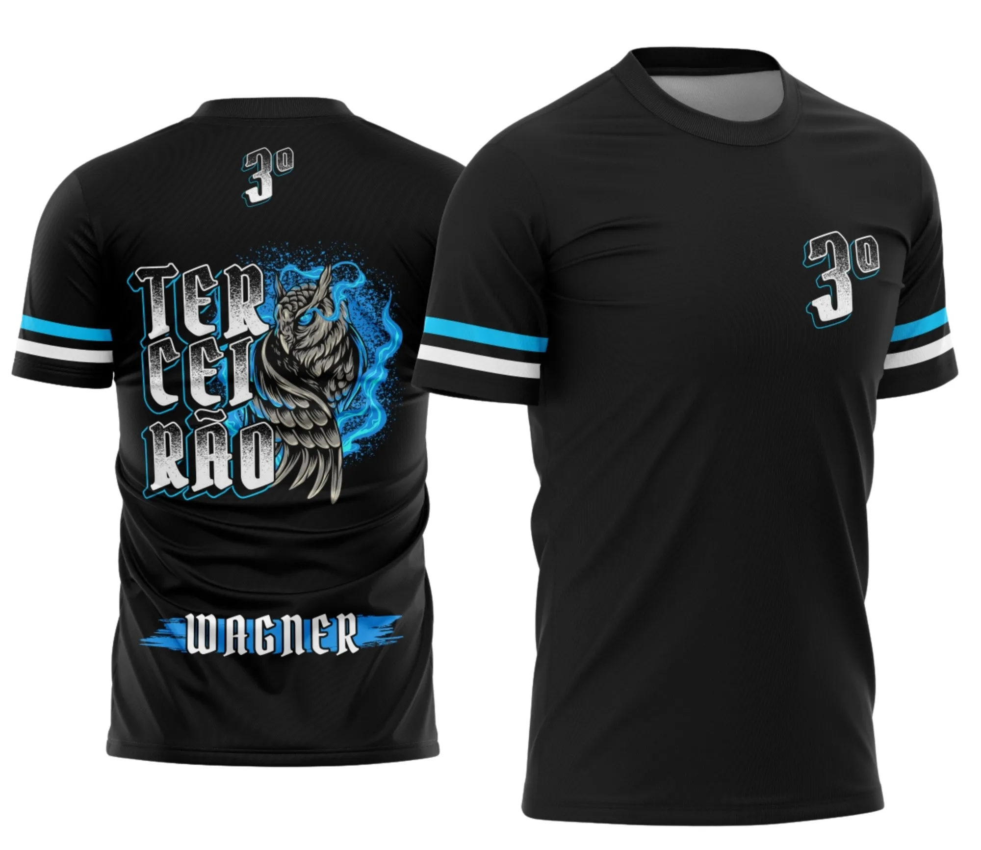 Camiseta unissex preta com logo no peito e estampa grande nas costas trazendo a Coruja Azul Flamejante, tema terceirão formandos em destaque, design vibrante e moderno.