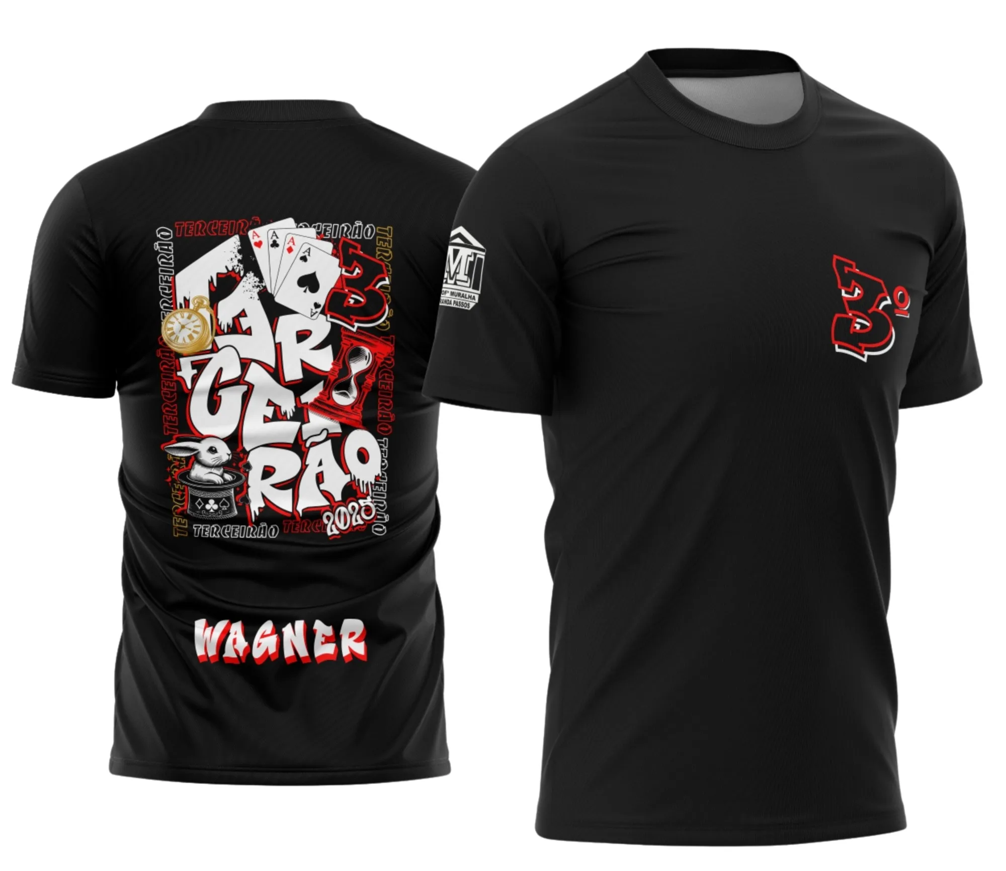 Foto de camiseta unissex preta com logo no peito e estampa grande nas costas, com design exclusivo do Terceirão Coelho 3, perfeita para estudantes comemorarem sua turma.