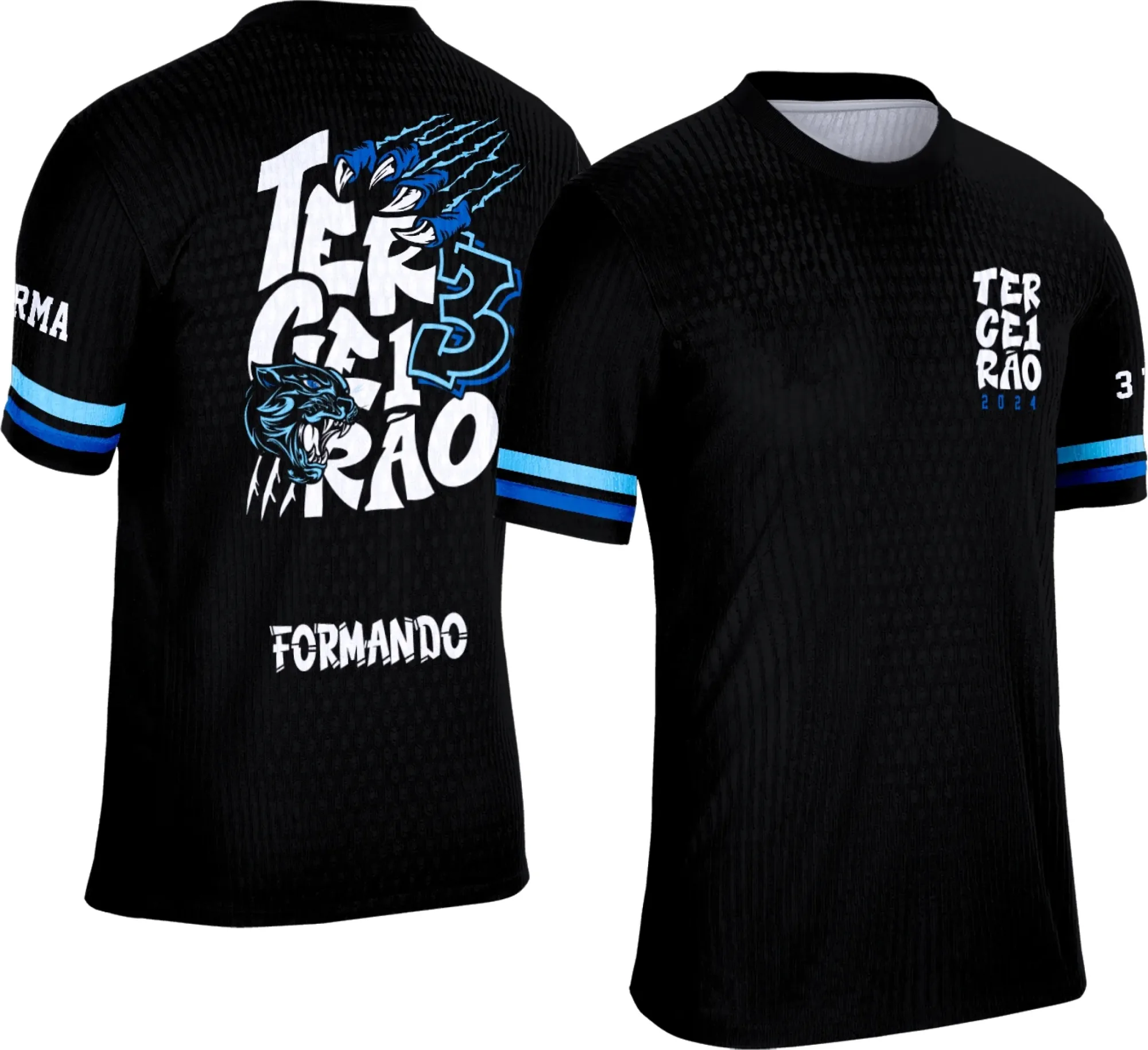 Camiseta unissex preta com logo no peito e estampa grande nas costas da turma Terceirão Puma Azul, destacando estilo jovem e moderno para estudantes comemorarem sua formatura.