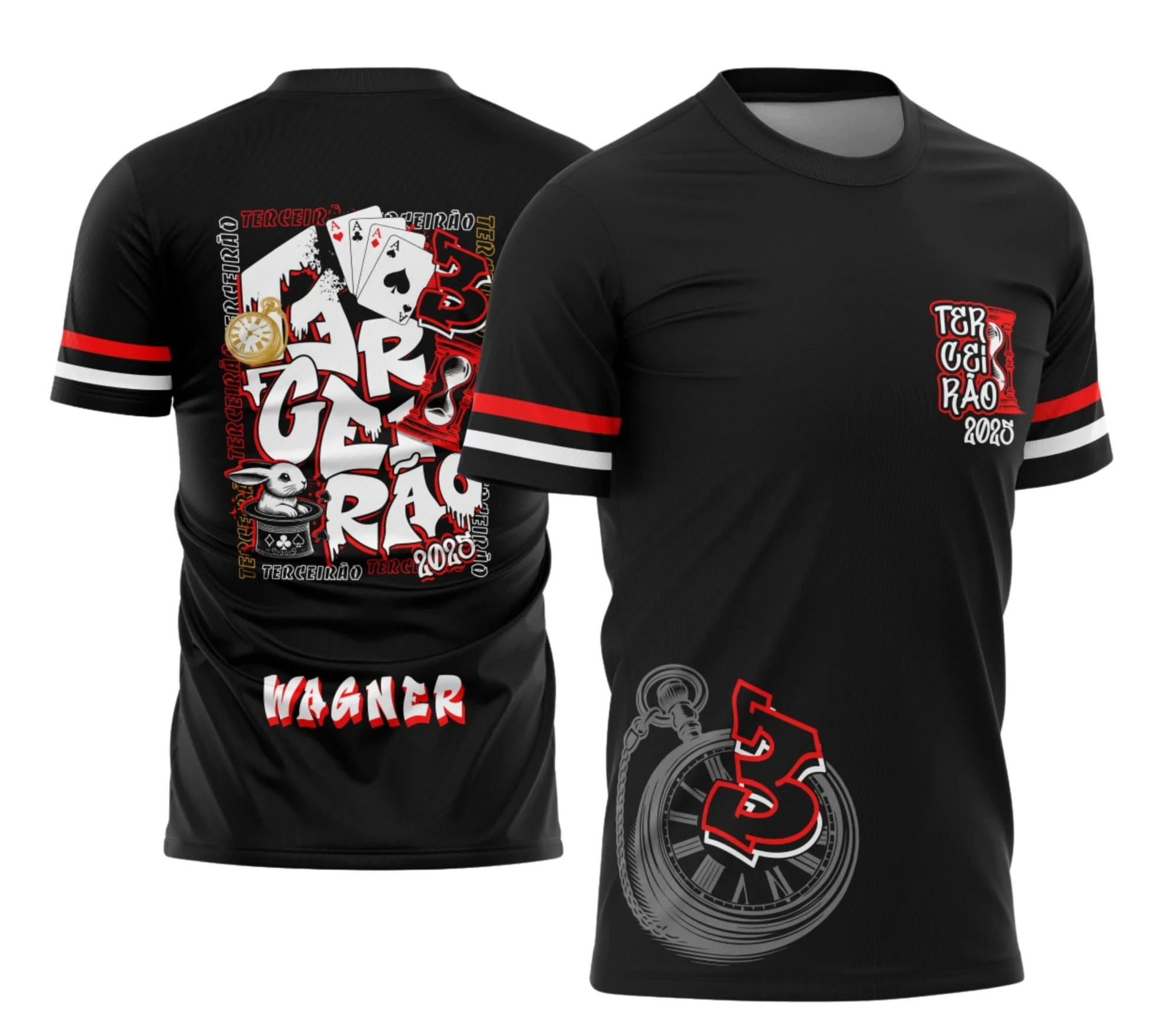 Camiseta unissex preta com logo no peito e estampa grande nas costas, tema Terceirão Coelho Exclusiva, perfeita para estudantes finalistas.