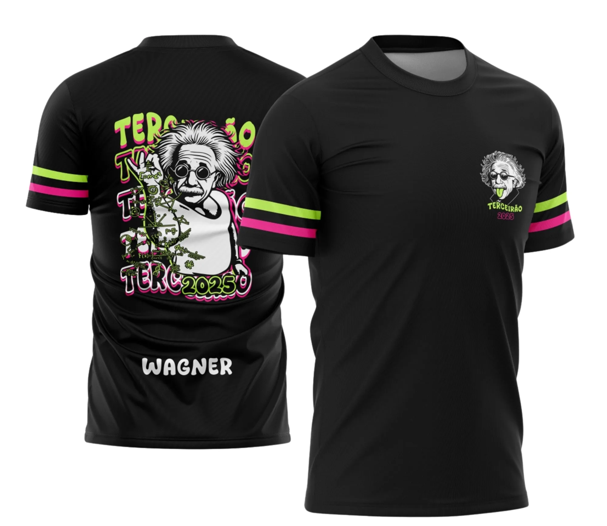 Camiseta unissex preta com logo no peito e estampa grande nas costas celebrando formandos do Terceirão Albert Einstein, design exclusivo para turma de conclusão do ensino médio.