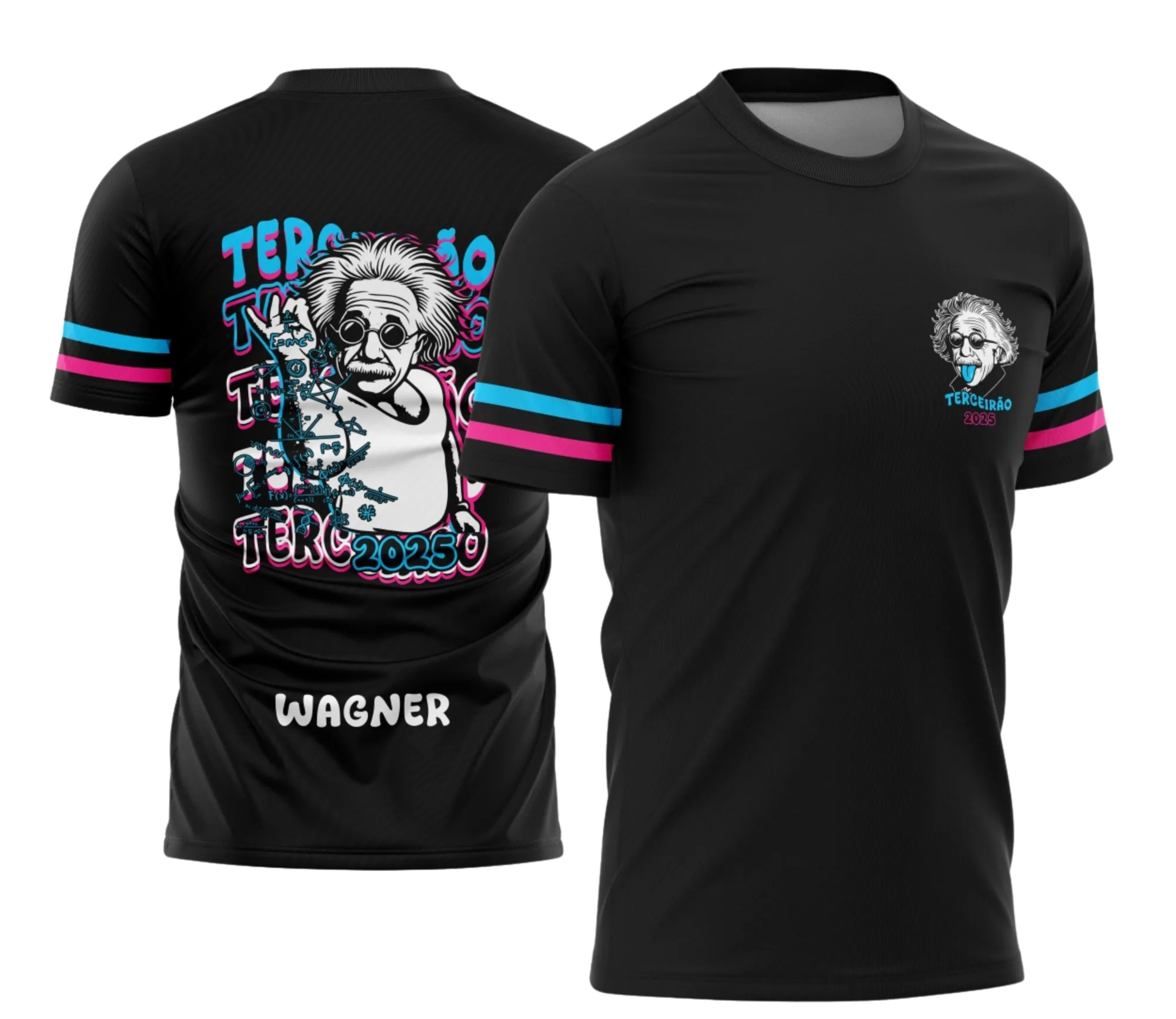 Camiseta unissex preta com logo no peito e estampa grande nas costas, tema Terceirão Albert Einstein, design moderno para turmas de escola.