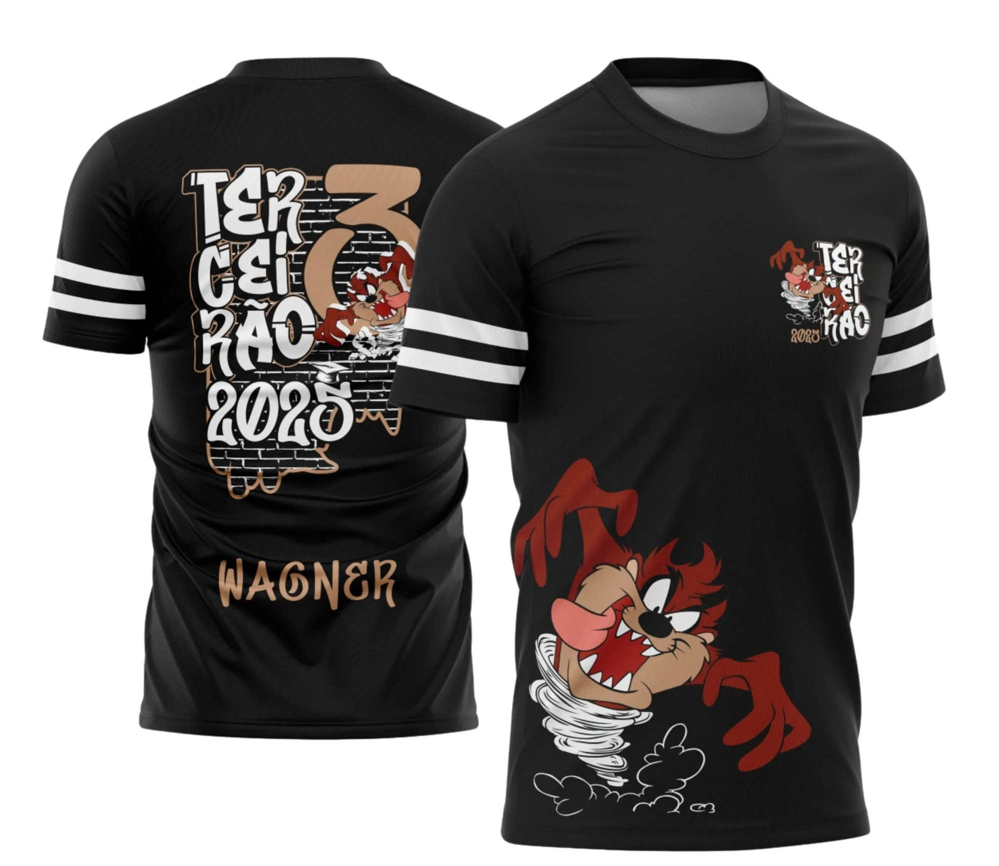 Foto da camiseta unissex preta com logo no peito e estampa grande nas costas do tema Terceirão Grafite Urbano com Taz Mania, design moderno e vibrante para quem busca estilo urbano.