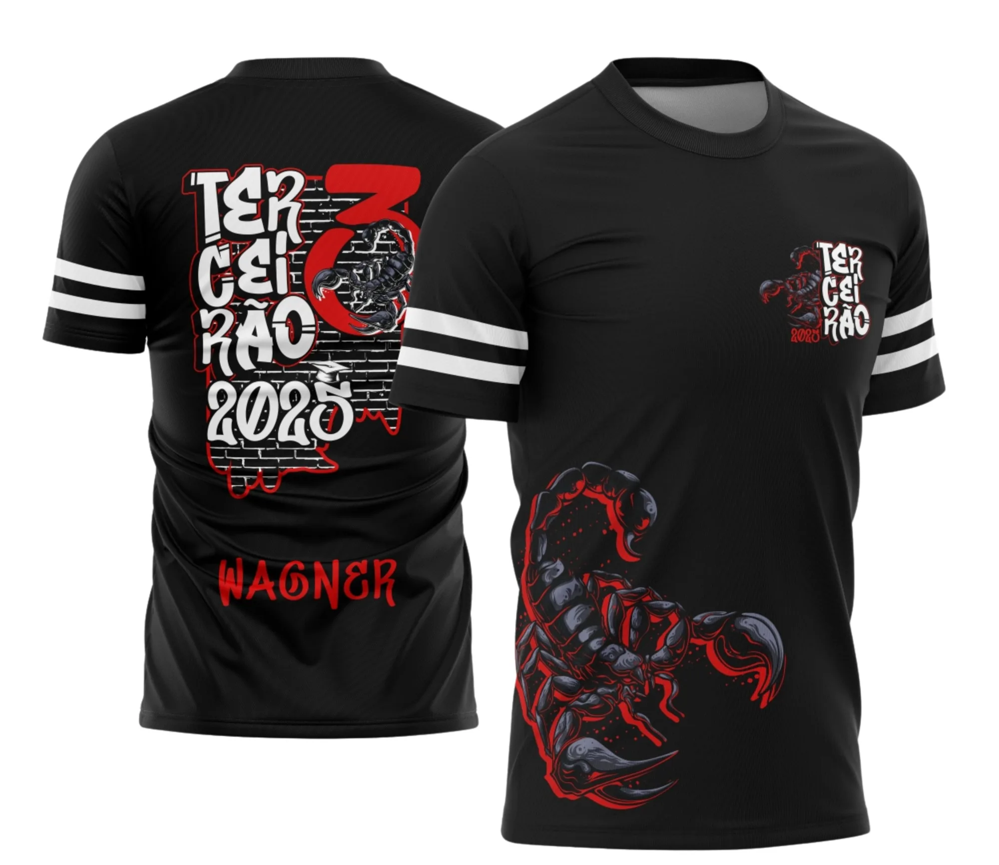 Camiseta unissex preta com logo no peito e estampa grande nas costas de Terceirão Escorpião em estilo graffiti de rua