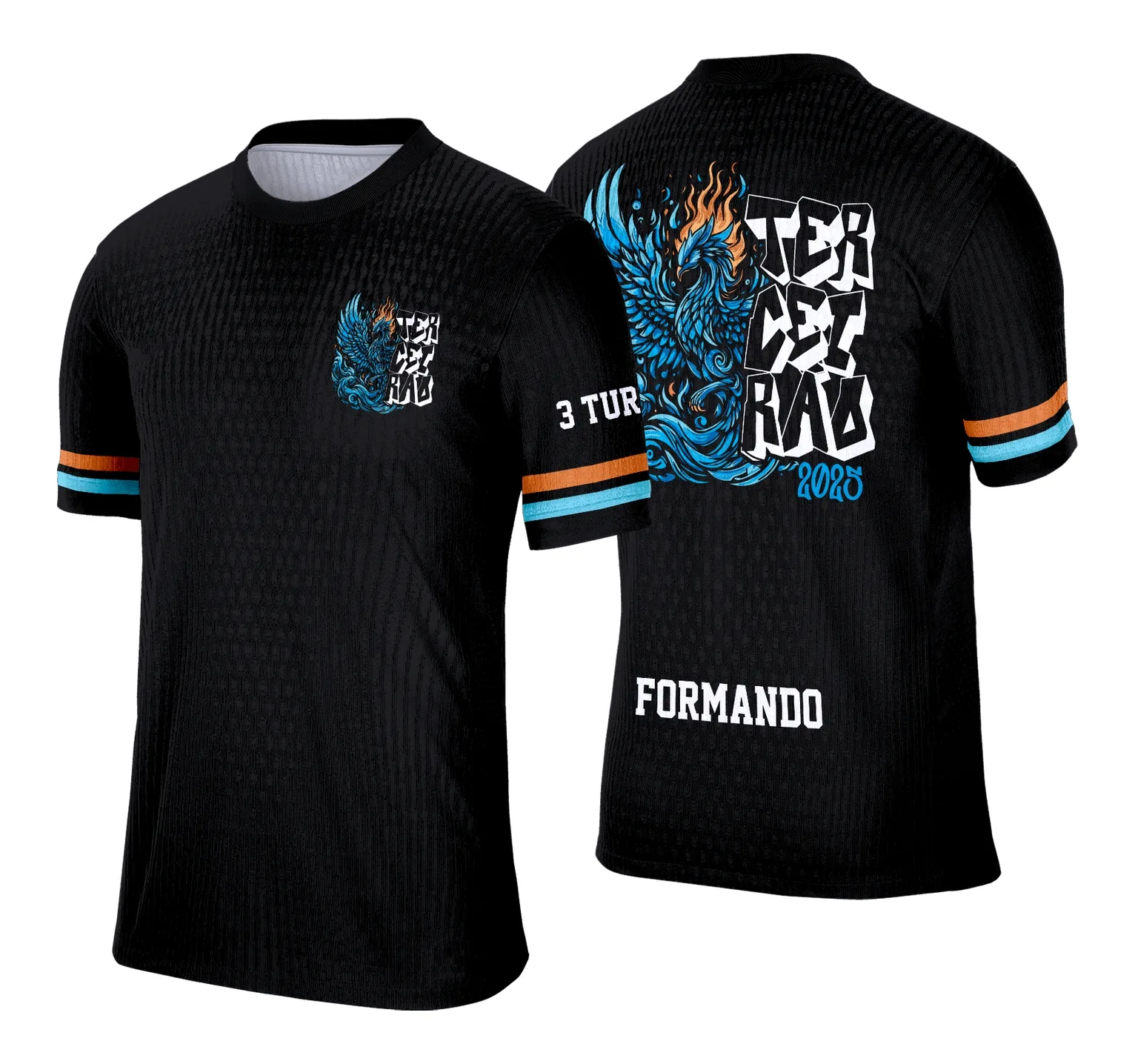 Camiseta unissex preta com logo no peito e estampa grande nas costas com tema Terceirão Fênix em azul, perfeita para estudantes e fãs do estilo jovem, destacando o visual moderno e vibrante.