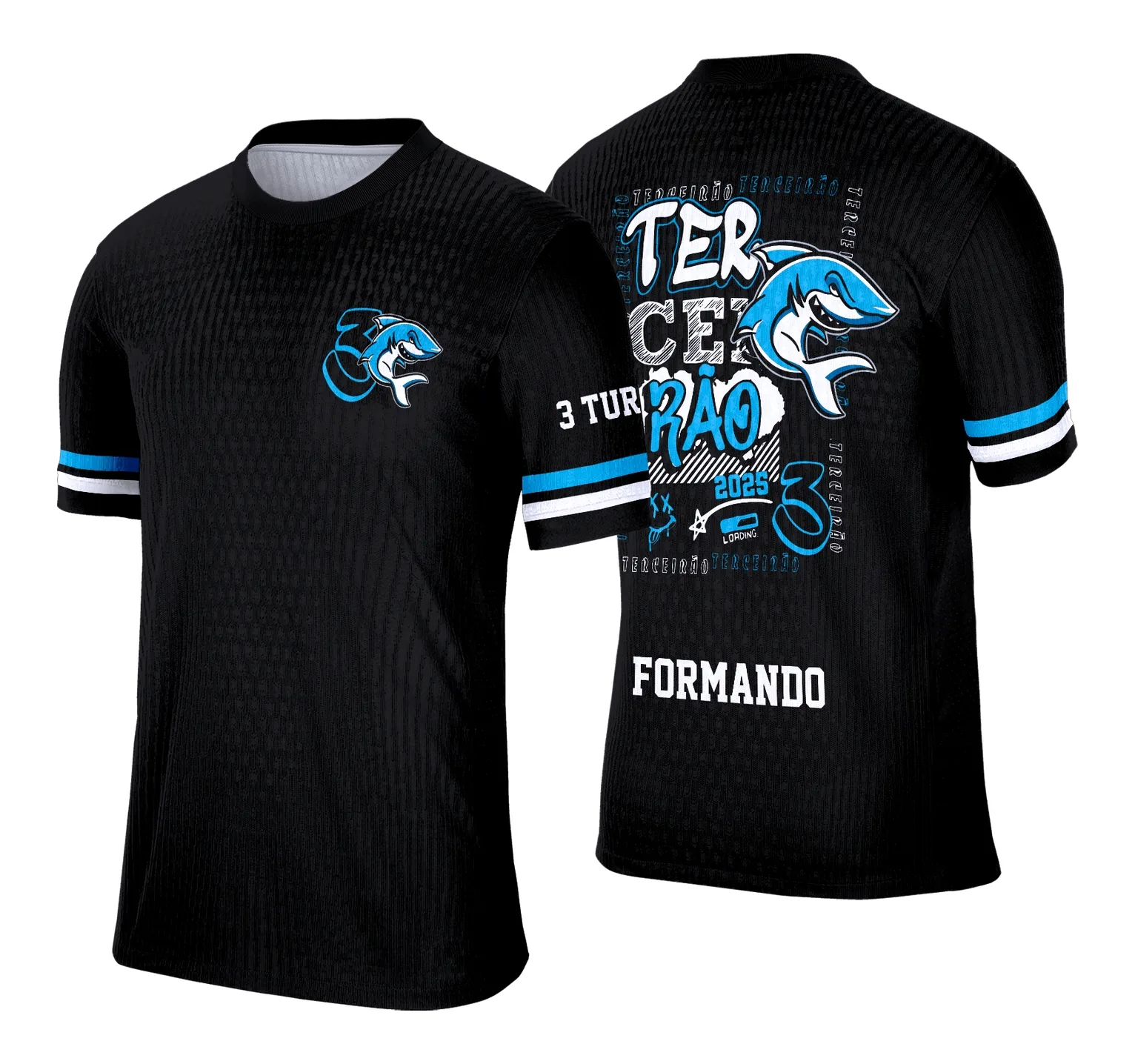 Camiseta unissex preta com logo no peito e estampa grande nas costas com tema Terceirão Tubarão Azul, estilo moderno e vibrante para estudantes.
