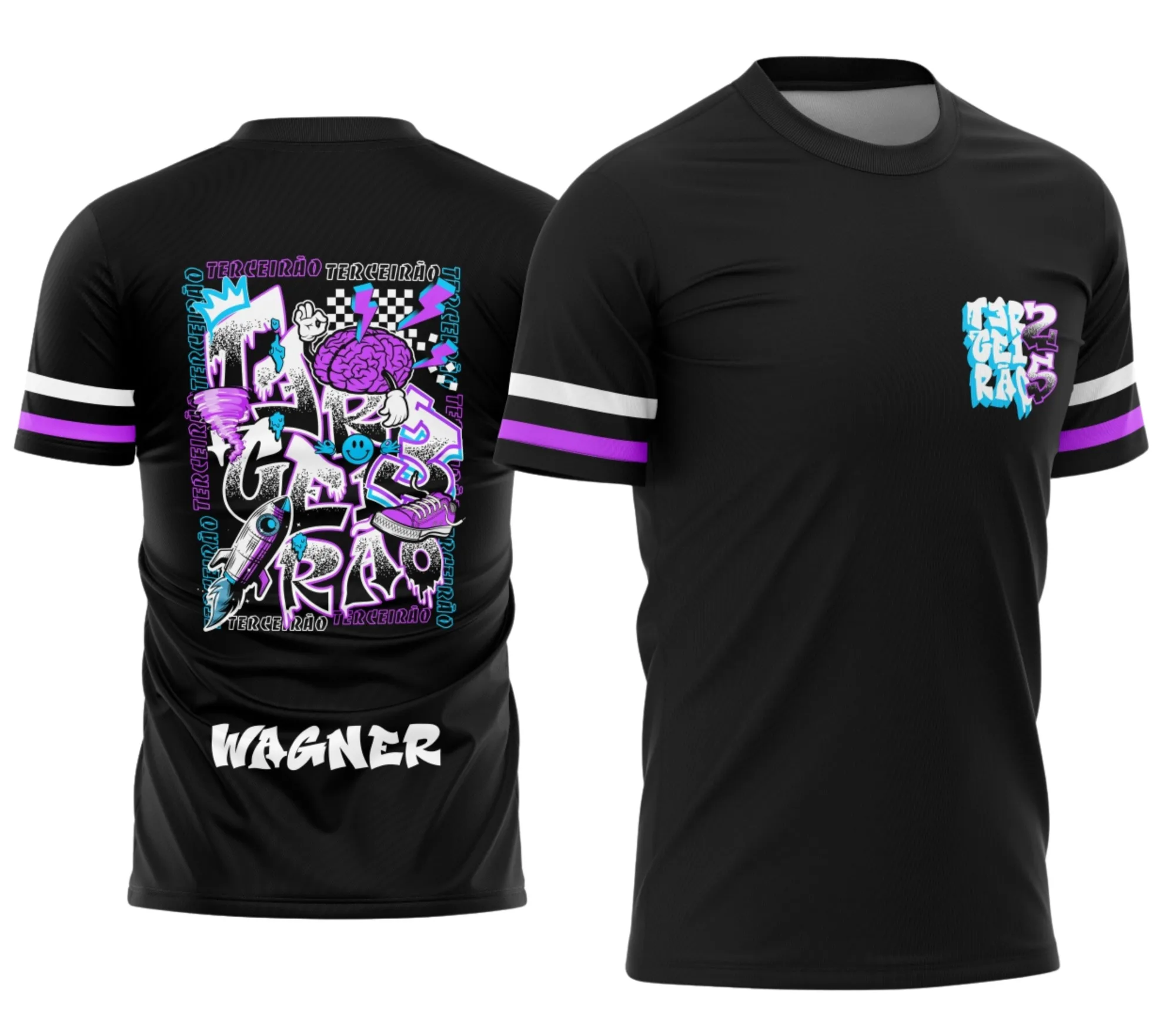 Camiseta unissex preta com logo no peito e estampa grande nas costas com design voltado para turma de terceira série do ensino médio, perfeita para festas e celebrações escolares.