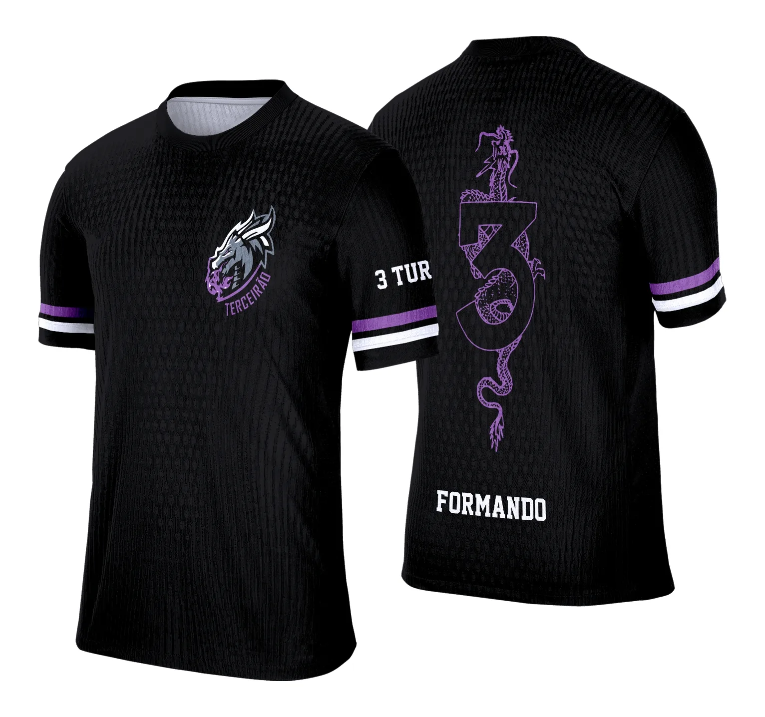 Camiseta unissex preta com logo no peito e estampa grande nas costas mostrando um dragão impactante para camisa terceirão, design moderno e marcante, perfeita para estudantes do último ano.