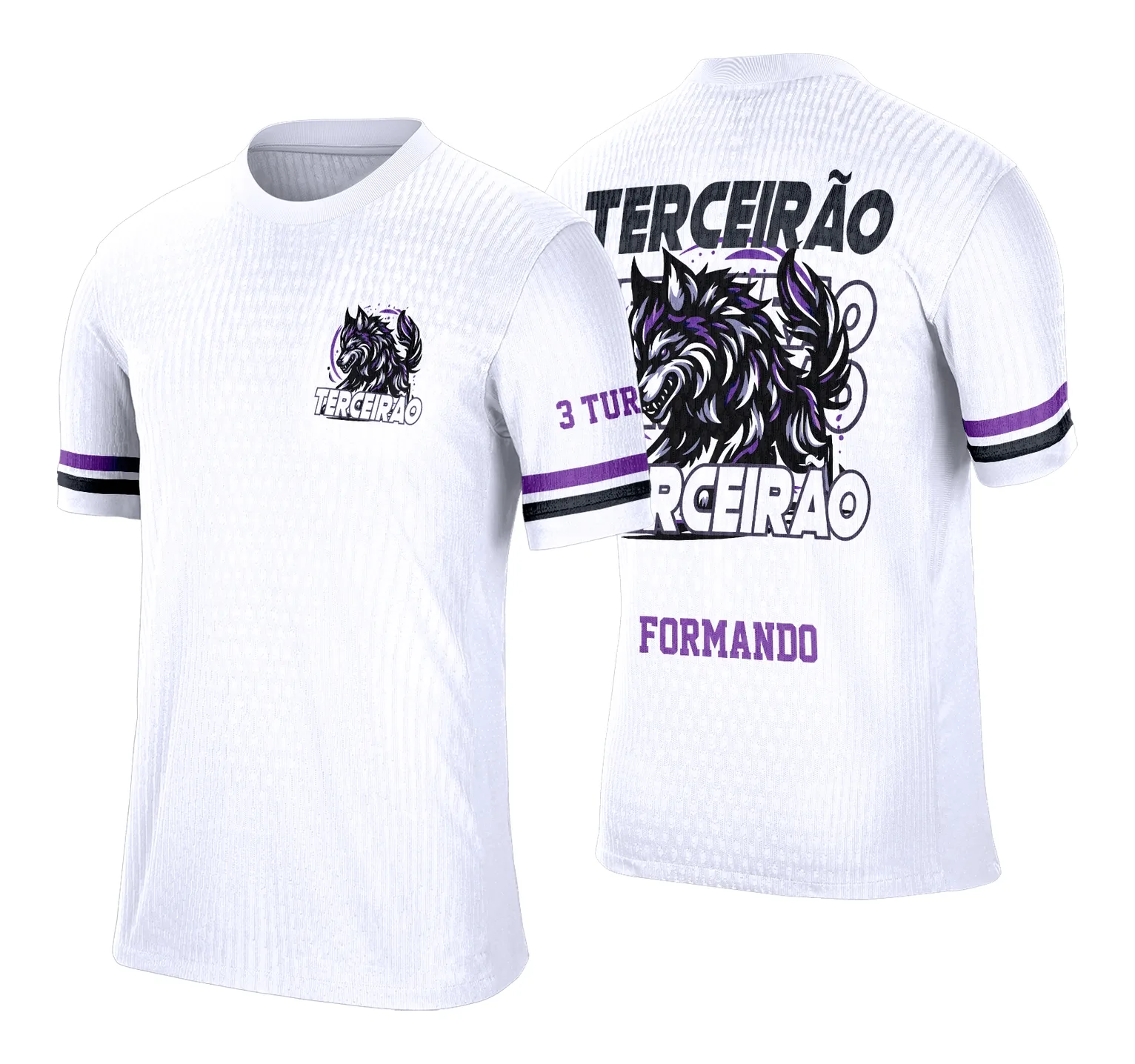 Camiseta unissex preta com logo no peito e estampa grande nas costas com tema Lobo Terceirão destacando estilo e exclusividade para a turma do último ano.