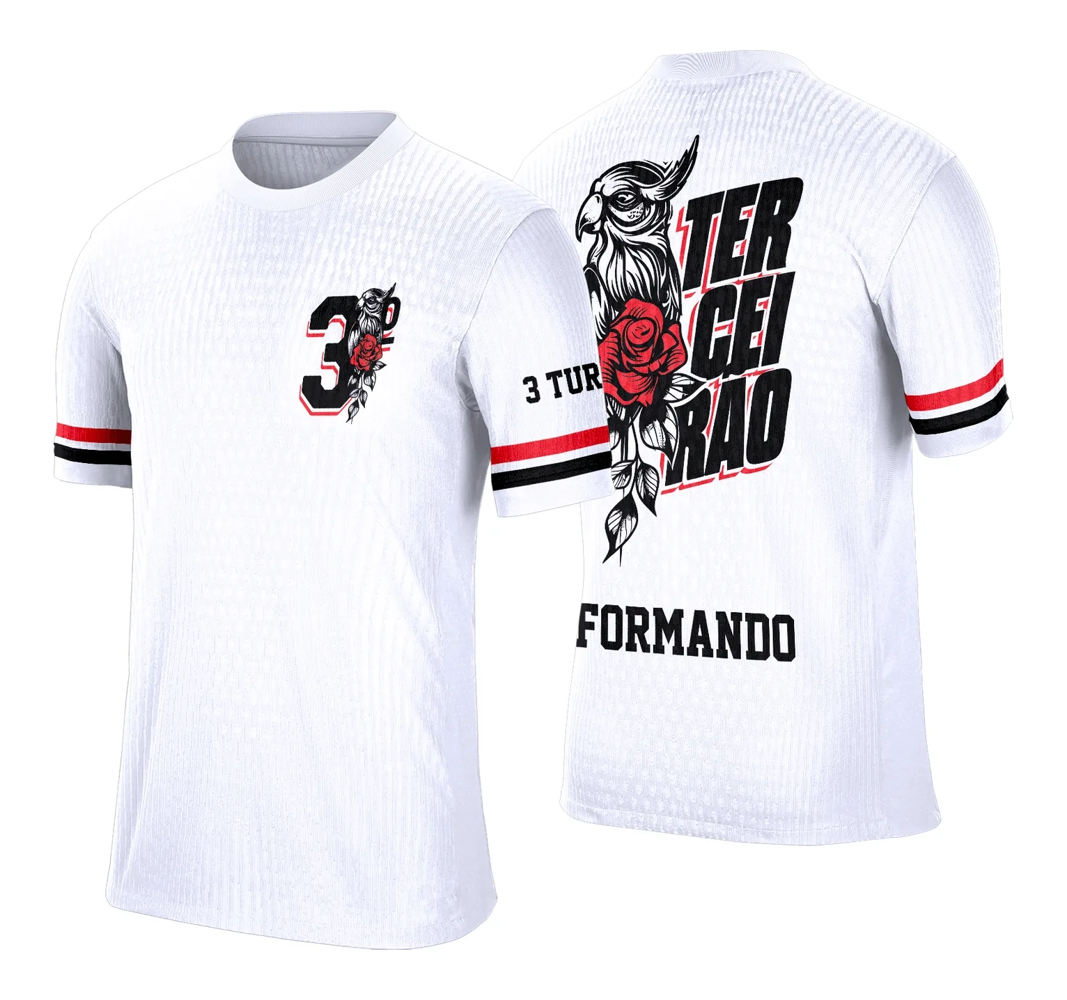 Camiseta unissex preta com logo no peito e estampa grande nas costas representando Terceirão Pássaro Exclusiva, ideal para estudantes ou evento de formatura.