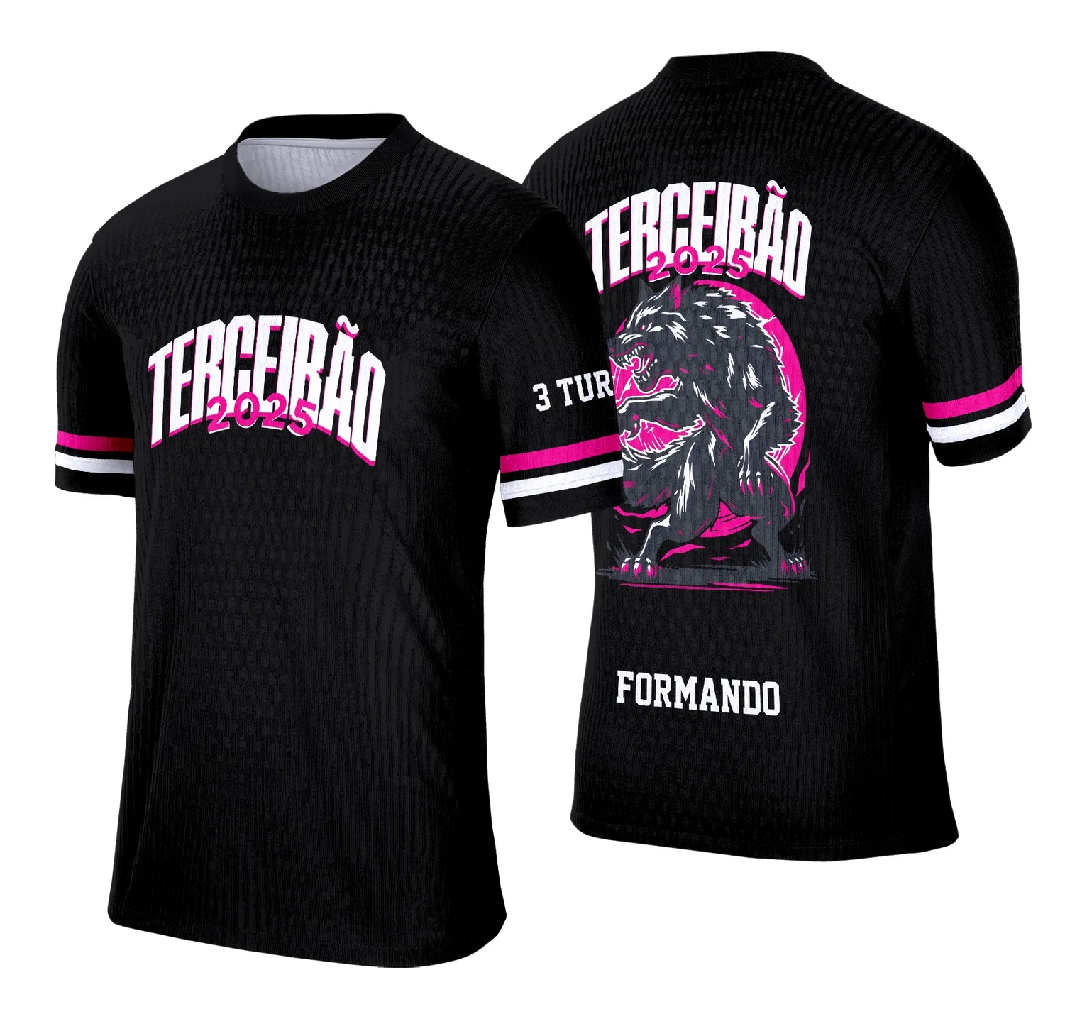 Foto de camiseta unissex preta com logo no peito e estampa grande nas costas mostrando tema Terceirão Lobo, perfeita para estudantes que querem marcar o último ano escolar.