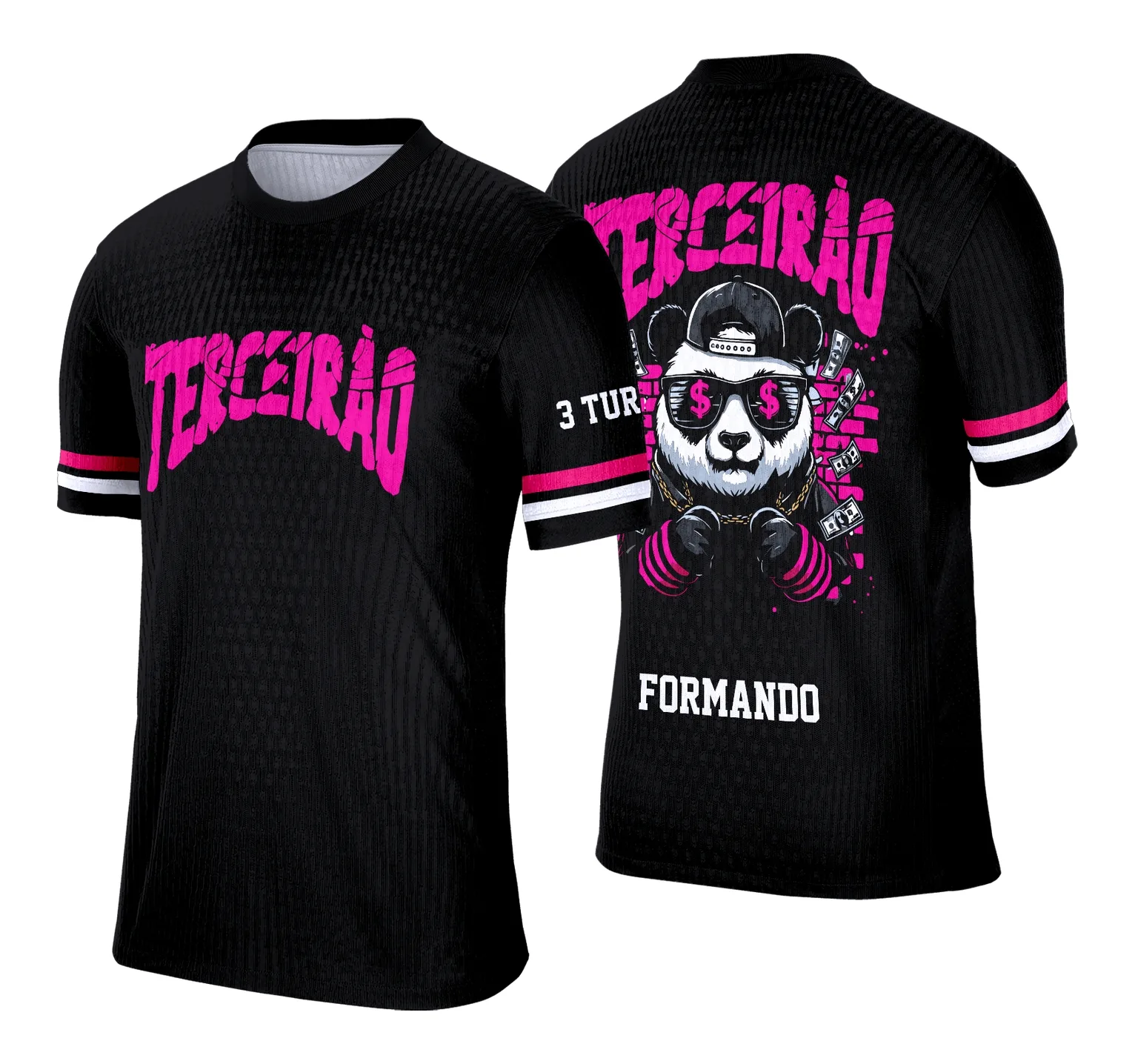 Camiseta preta unissex com logo no peito e estampa grande nas costas mostrando tema Terceirão Panda Estilo Único, ideal para quem busca estilo único e moderno.