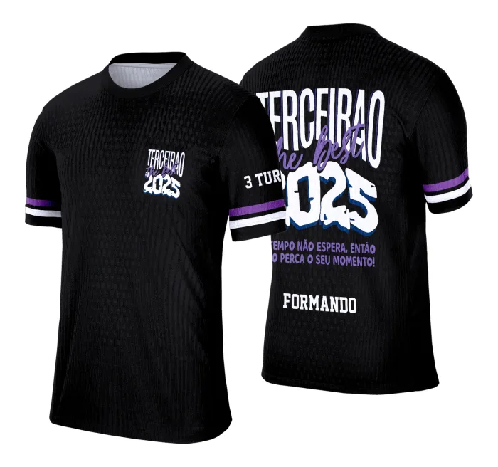 Camiseta unissex preta com logo no peito e estampa grande nas costas mostrando a temática Terceirão Expressão Única, design moderno ideal para estudantes comemorarem suas conquistas.