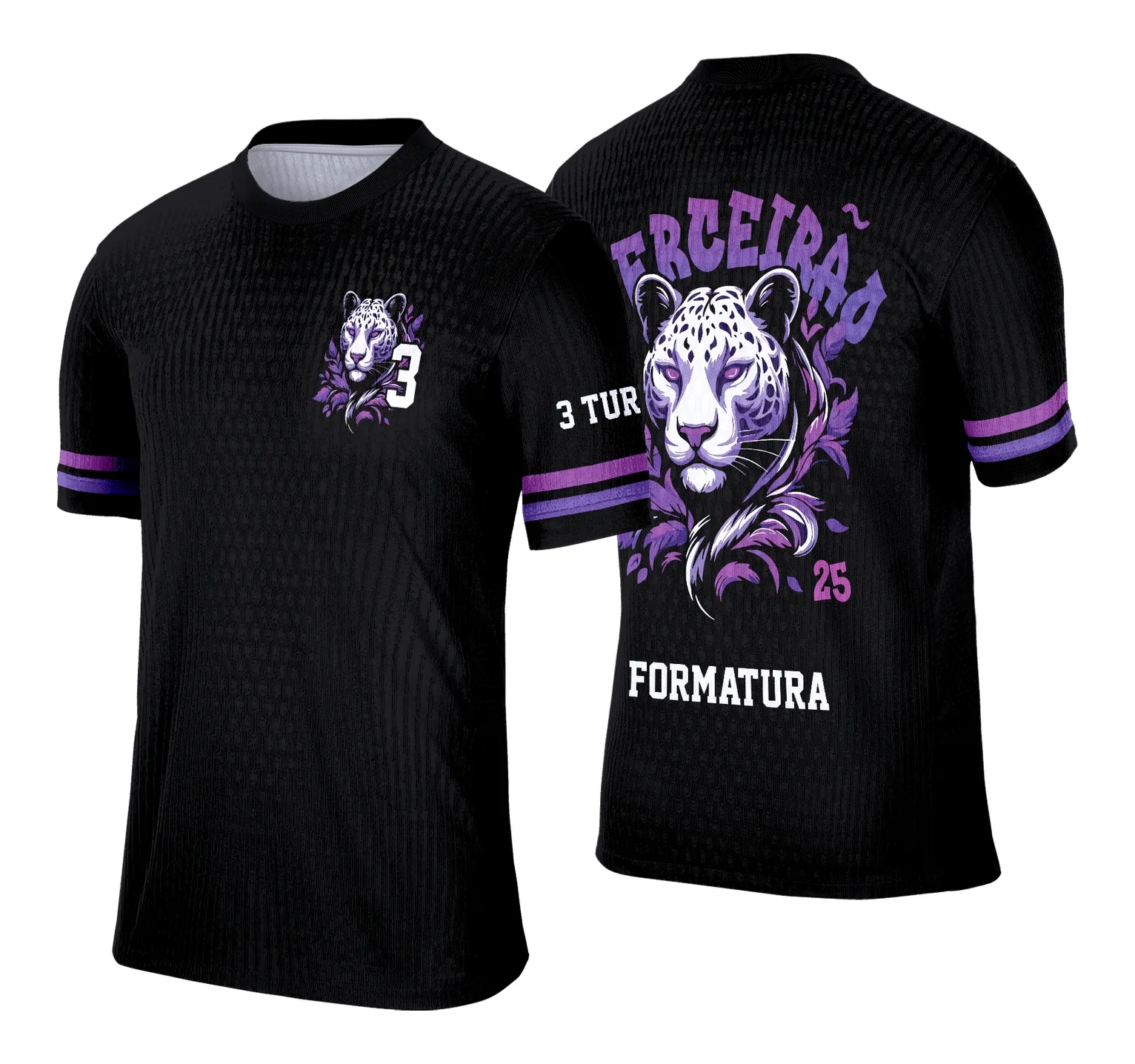 Camiseta unissex preta com logo no peito e estampa grande nas costas do tema Terceirão Pantera Impactante, perfeita para quem busca estilo marcante e personalidade forte.
