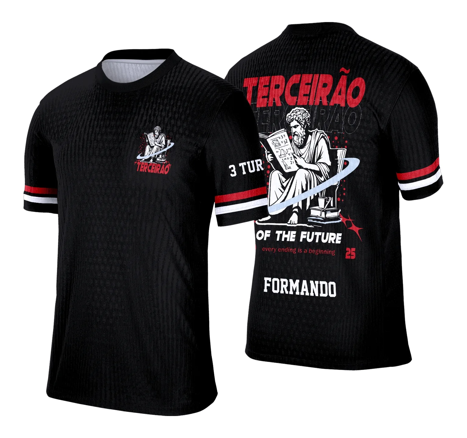 Camiseta unissex preta com logo no peito e estampa grande nas costas com tema Terceirão Sócrates, ideal para estudantes, estilo marcante e jovem.