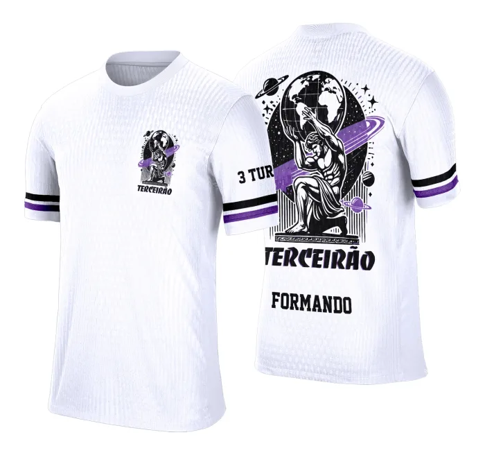 Camiseta unissex preta com logo no peito e estampa grande nas costas com tema Terceirão Estilo Atlas, ideal para estudantes em clima de despedida e celebração.