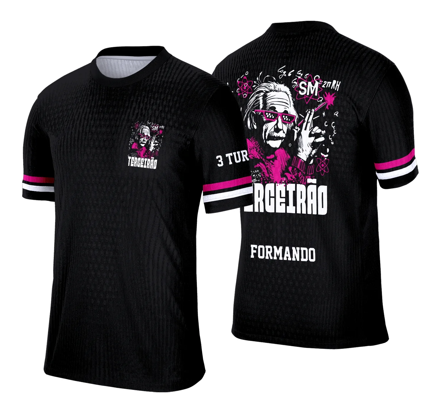Camiseta unissex preta com logo no peito e estampa grande nas costas com tema Inspiradora Einstein para Terceirão, estilo moderno e jovem, ideal para estudantes do último ano do ensino médio.