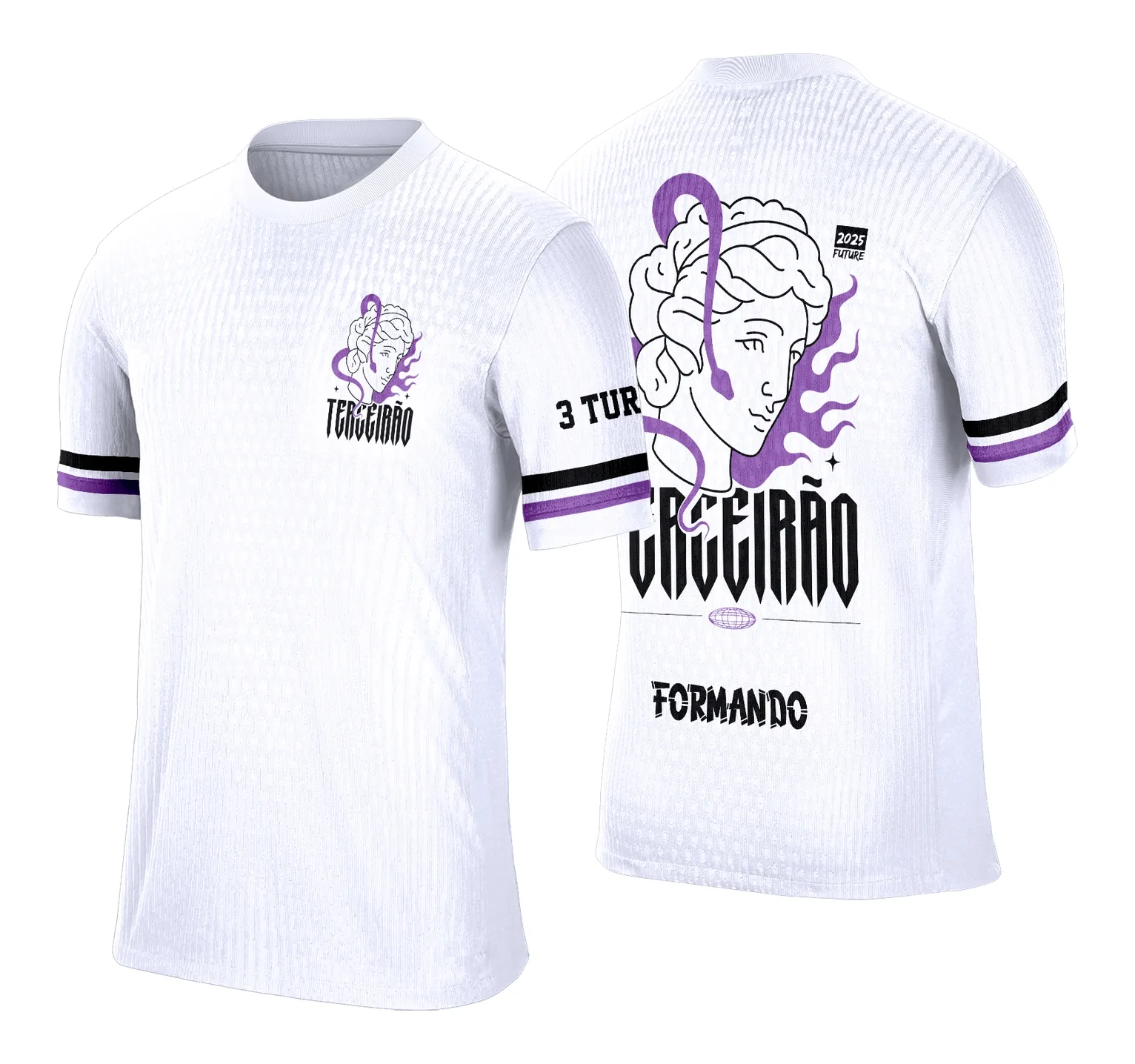 Camiseta unissex preta com logo no peito e estampa grande nas costas, destacando tema Terceirão Futurista, ideal para quem curte estilo moderno e inovador.