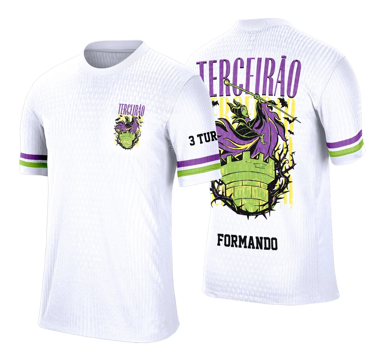 Camiseta unissex preta com logo no peito e estampa grande nas costas apresentando desenho estilizado de bruxa do Terceirão