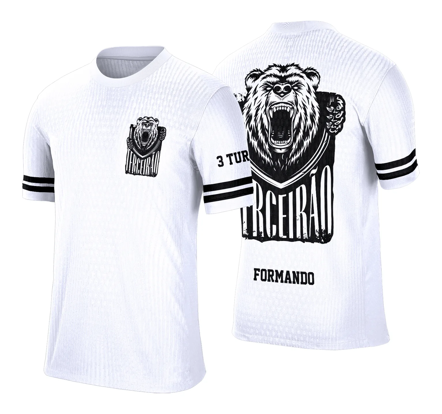Camiseta unissex preta com logo no peito e estampa grande nas costas do Terceirão Urso Estilizado, design único e moderno para estudantes em festa de formatura.