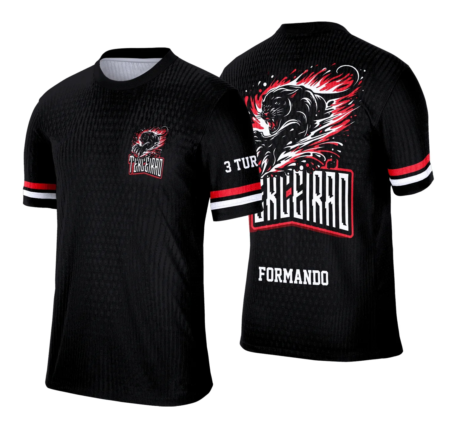 Camiseta unissex preta com logo no peito e estampa grande nas costas inspirada no tema Terceirão Pantera Clássica, destaque para visual moderno e estilo clássico.