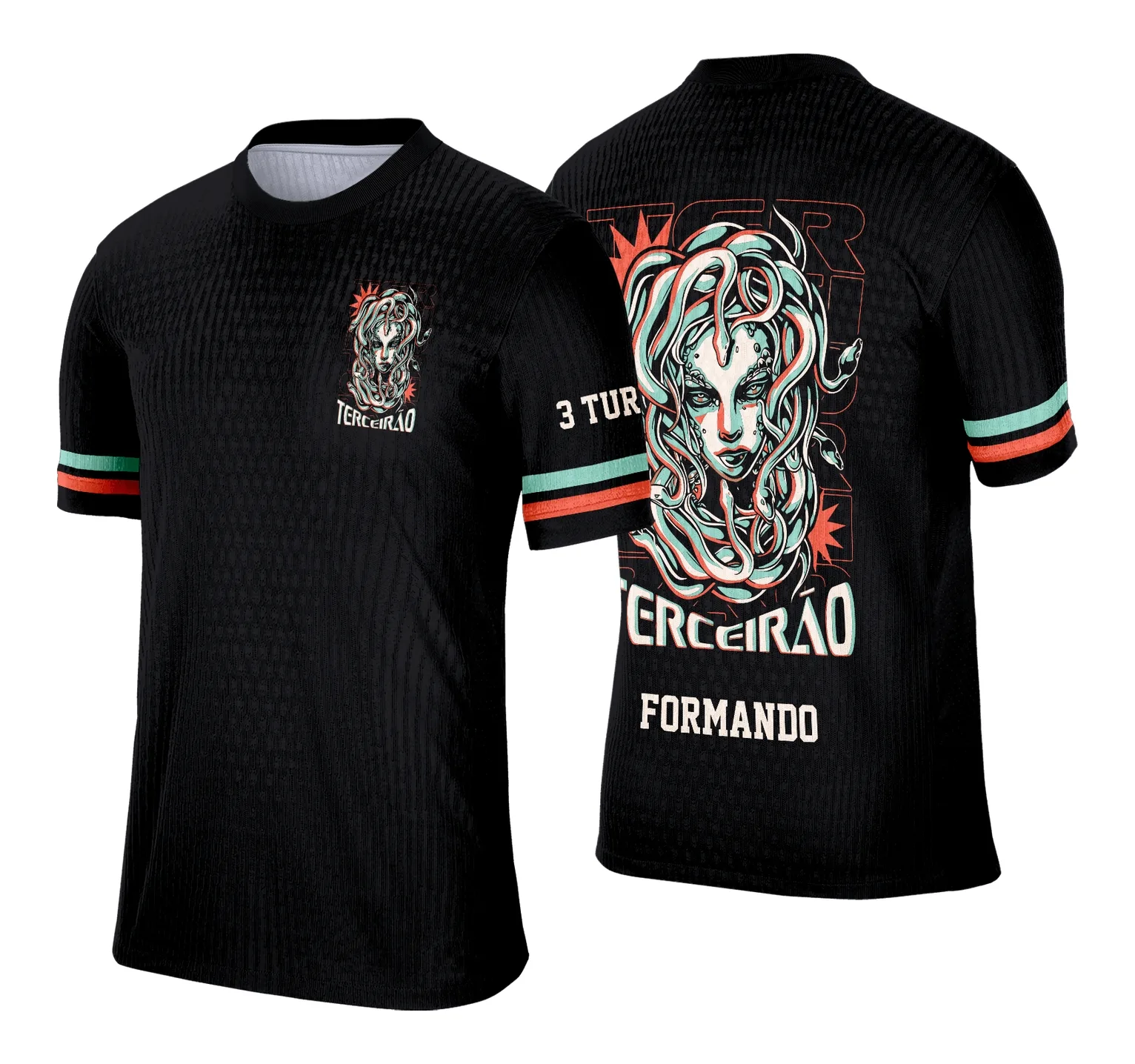 Camiseta unissex preta com logo no peito e estampa grande nas costas do tema Terceirão Medusa Clássica, ideal para festas de formatura e eventos escolares.
