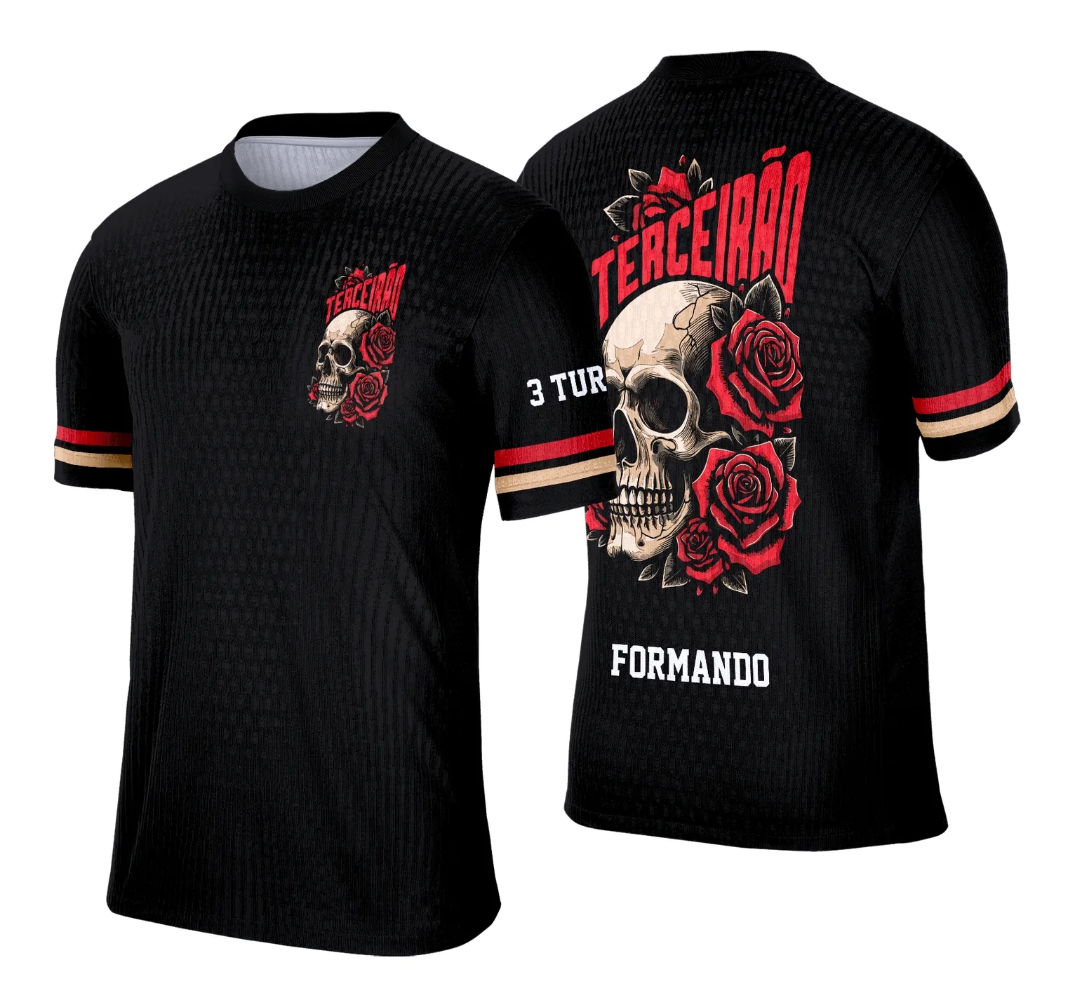 Camiseta unissex preta com logo no peito e estampa grande nas costas mostrando caveira estilo terceirão, ideal para quem busca design marcante e moderno.