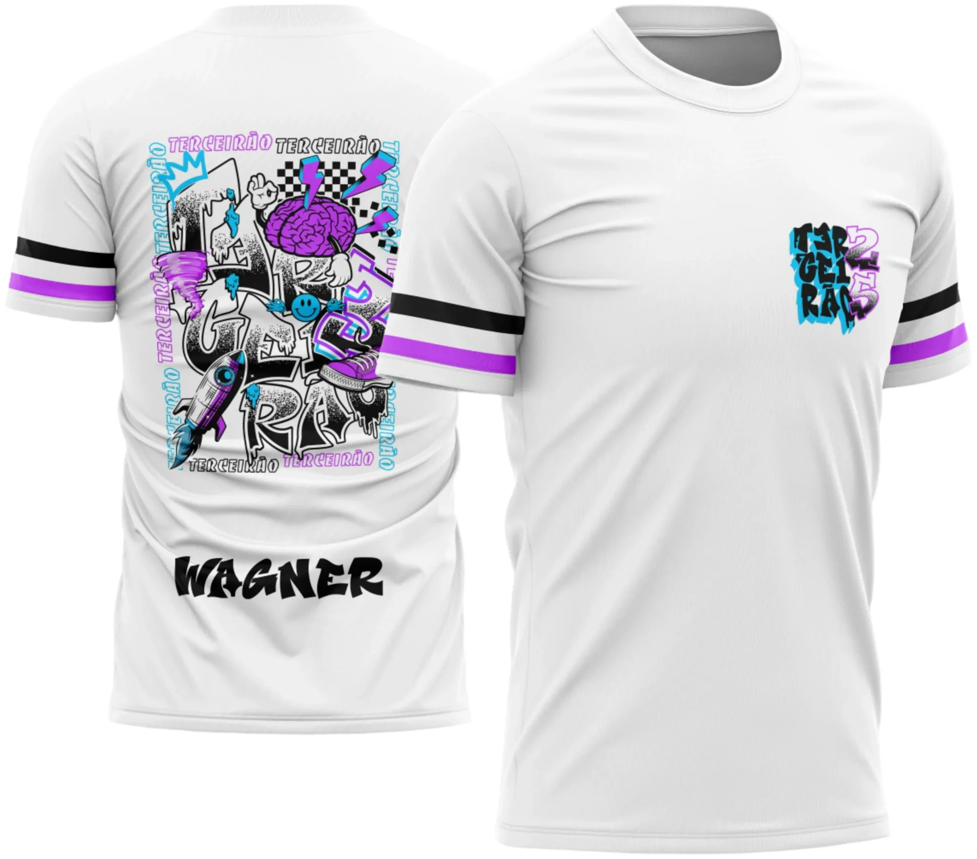 Camiseta unissex preta com logo no peito e estampa grande nas costas do Terceirão Foguete com partículas, visual moderno e impactante para estudantes.