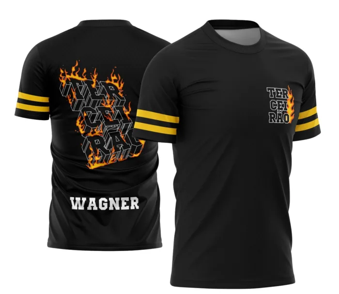 Camiseta unissex preta com logo no peito e estampa grande nas costas com tema Terceirão Fogo, destacando espírito de turma e despedida escolar.