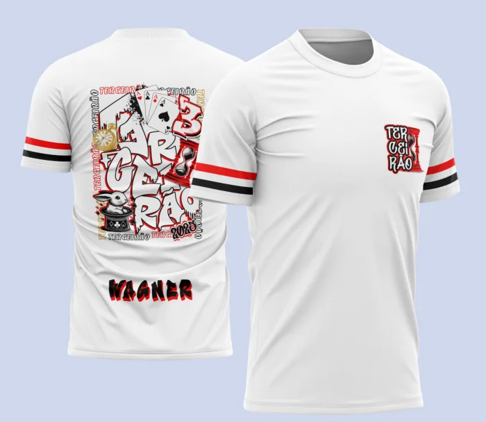 Camiseta unissex preta com logo no peito e estampa grande nas costas, tema Terceirão Coelho, design moderno e destaque para turma finalista do ensino médio.