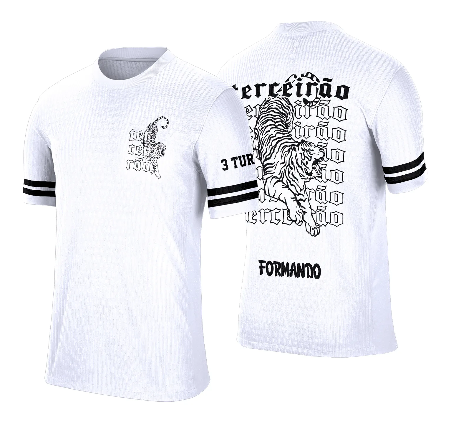 Camiseta unissex branca com logo no peito e estampa grande nas costas do Terceirão Tigre Branco 2026, design moderno e vibrante para estudantes finalistas.