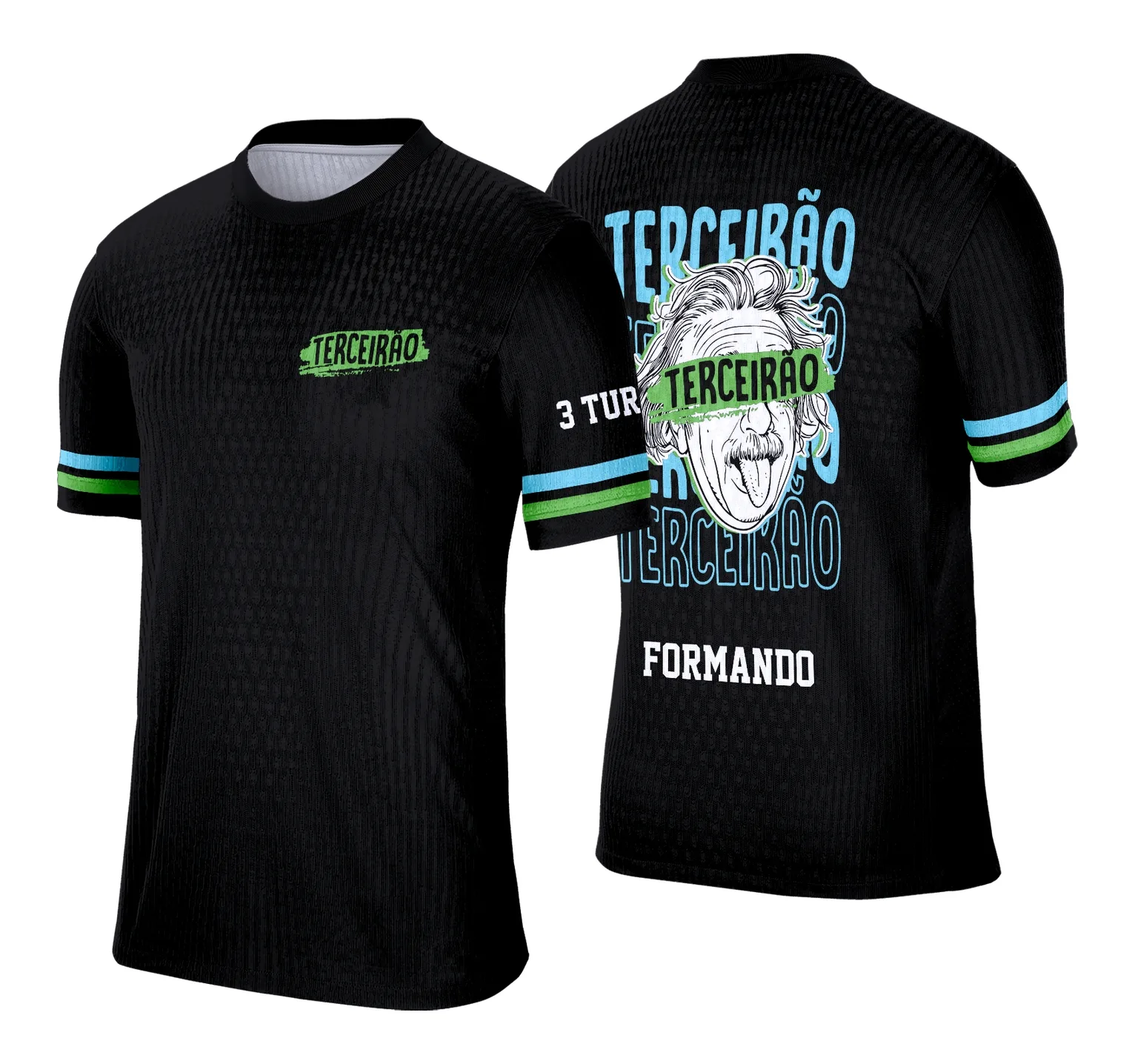 Camiseta unissex branca com logo no peito e estampa grande nas costas celebrando os concluintes do Terceirão Albert Einstein, perfeita para estudantes que querem marcar essa conquista com estilo.