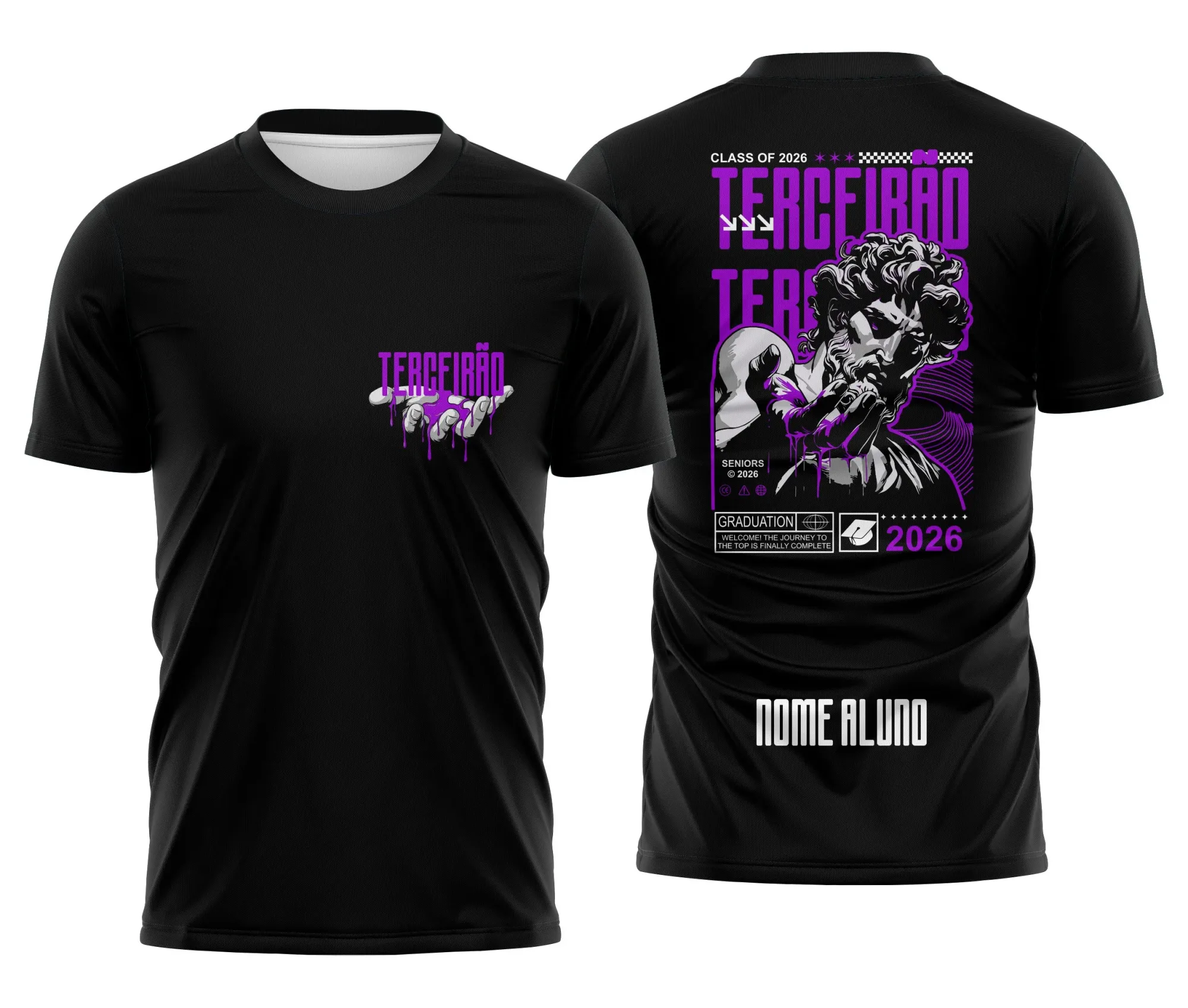 Camiseta unissex preta com logo no peito e estampa grande nas costas com o tema Terceirão Estátua Líquido, ideal para estudantes celebrando o último ano escolar.