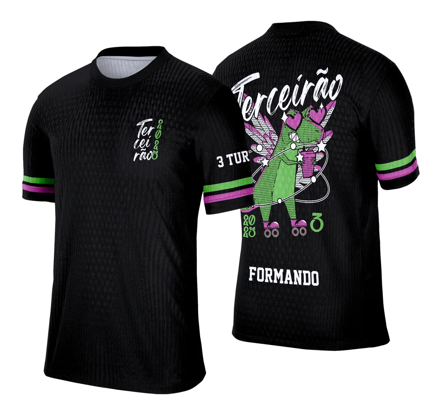 Camiseta unissex preta com logo no peito e estampa grande nas costas exibindo tema Terceirão Dino, ideal para estudantes e fãs de dinossauros com visual moderno e marcante.