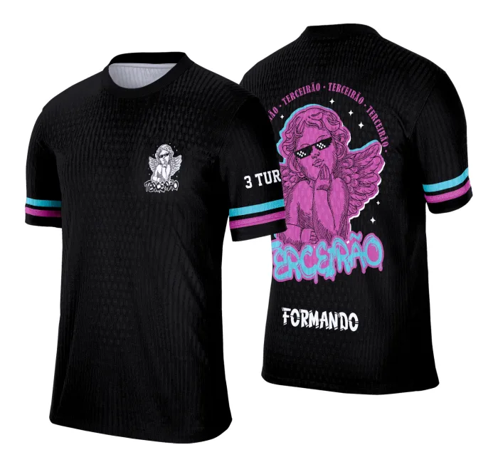 Camiseta unissex preta com logo no peito e estampa grande nas costas, temática Terceirão Anjos Exclusiva, ideal para jovens celebrando a formatura com estilo marcante.