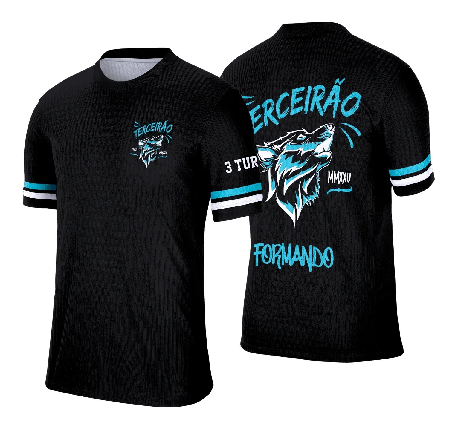 Camiseta unissex preta com logo no peito e estampa grande nas costas mostrando um lobo azul moderno, ideal para concluintes em estilo contemporâneo.