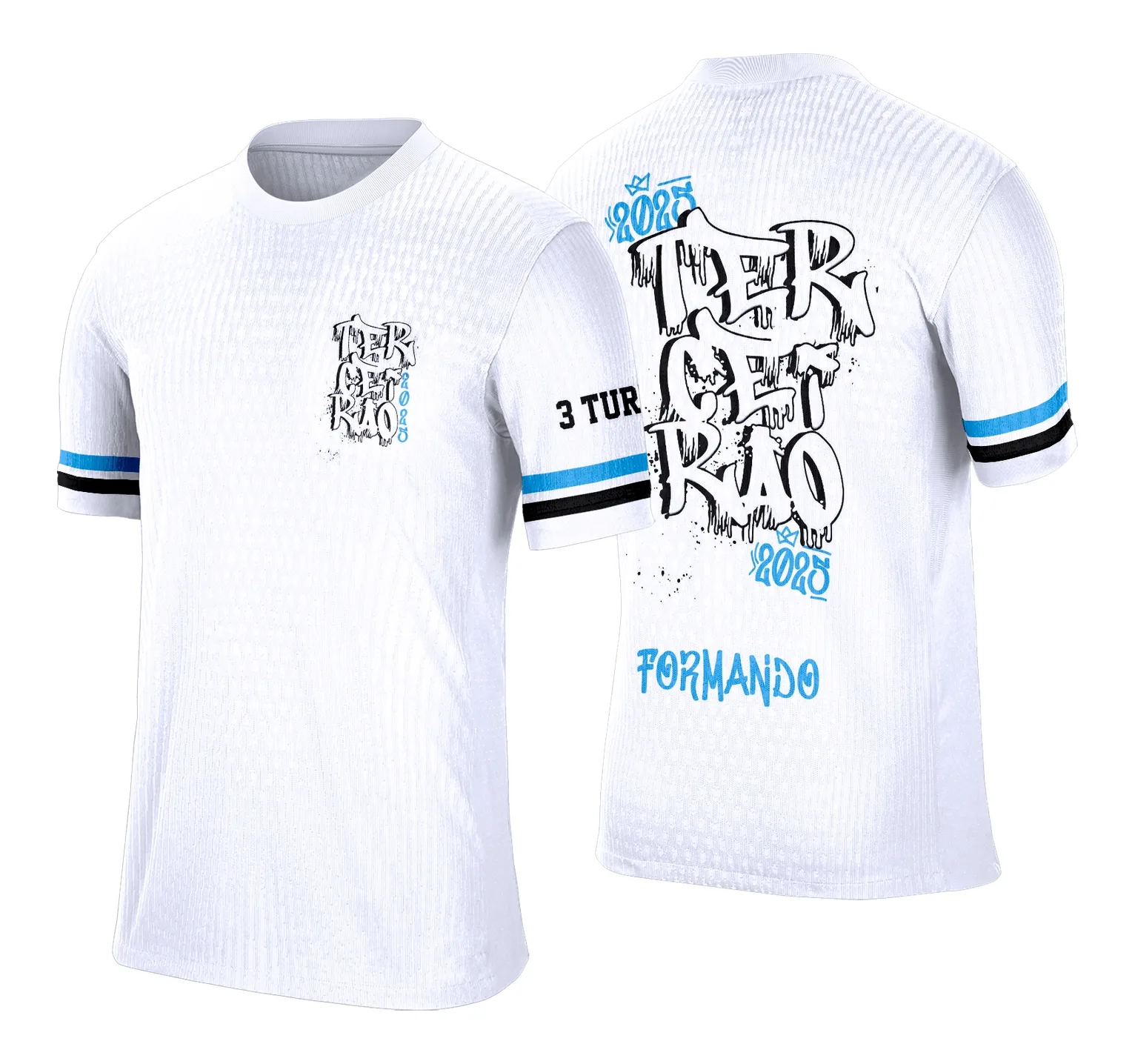 Camiseta unissex preta com logo no peito e estampa grande nas costas do tema Concluintes Terceirão Efeito Derretido, perfeita para celebrar o momento com estilo moderno e marcante.