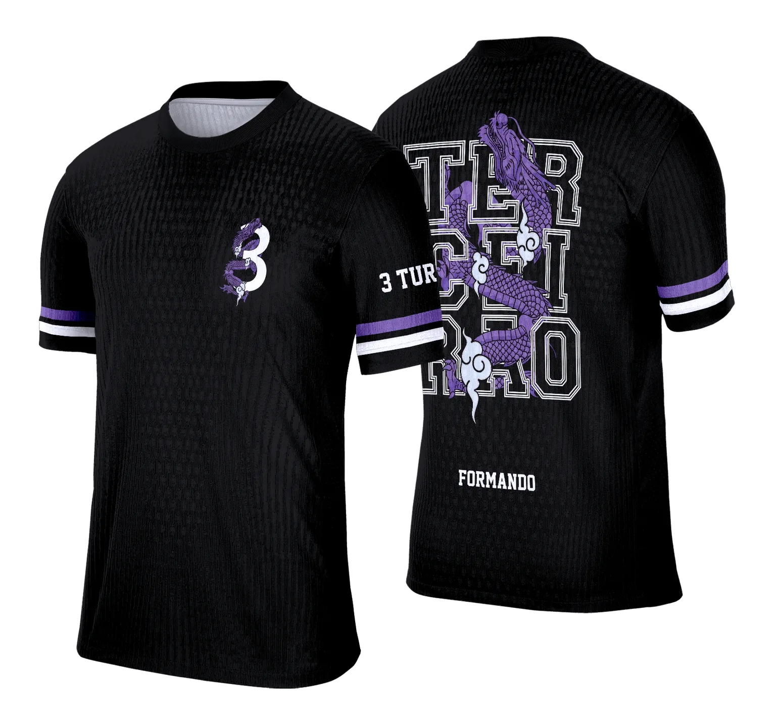 Camiseta unissex preta com logo no peito e estampa grande nas costas mostrando o tema Finalistas Terceirão Dragão Roxo, perfeita para turmas e eventos escolares.